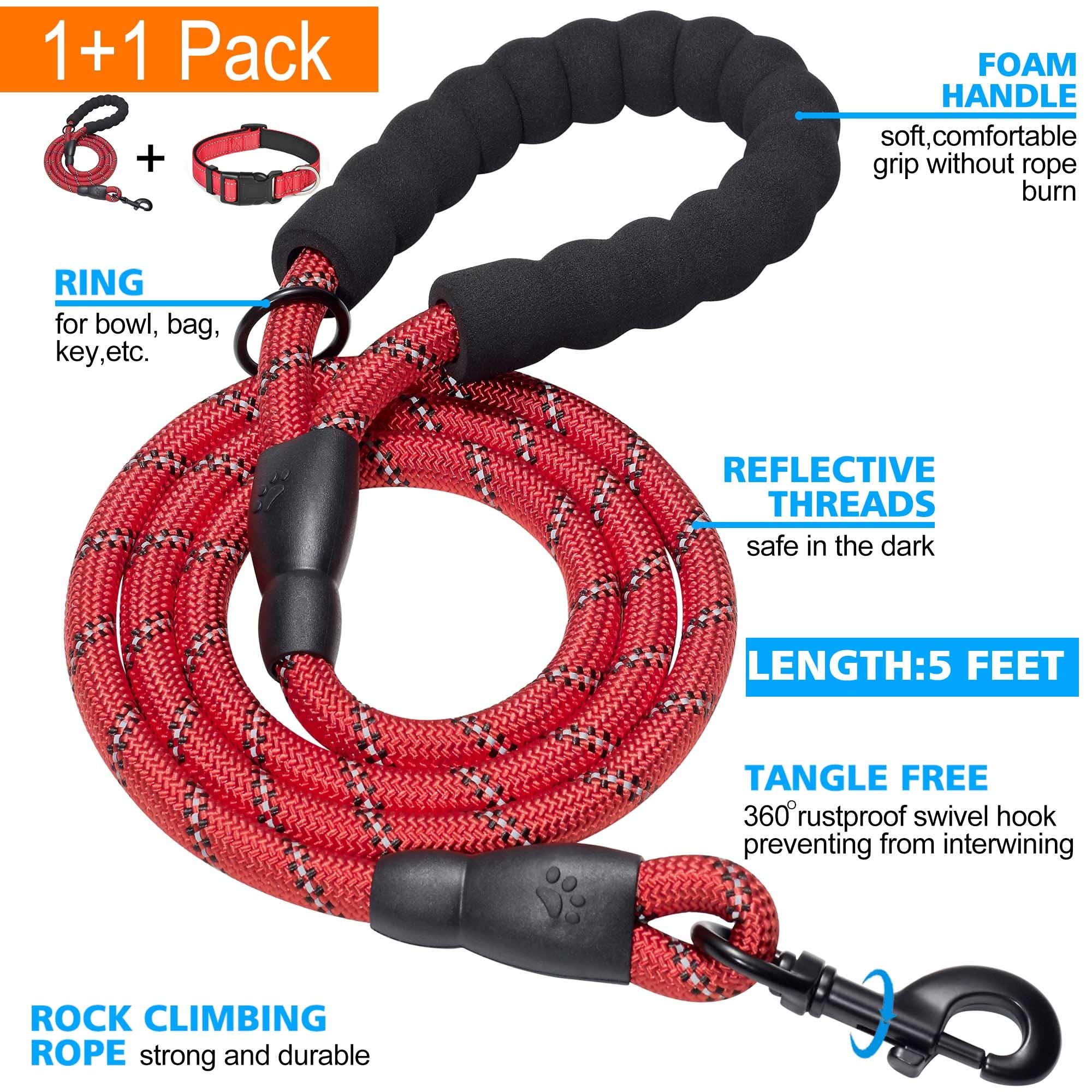 Ladoogo Reflective Dog Collar & Leash Set, Soft Neoprene, Adjustable, Large 19"-23.5", Red