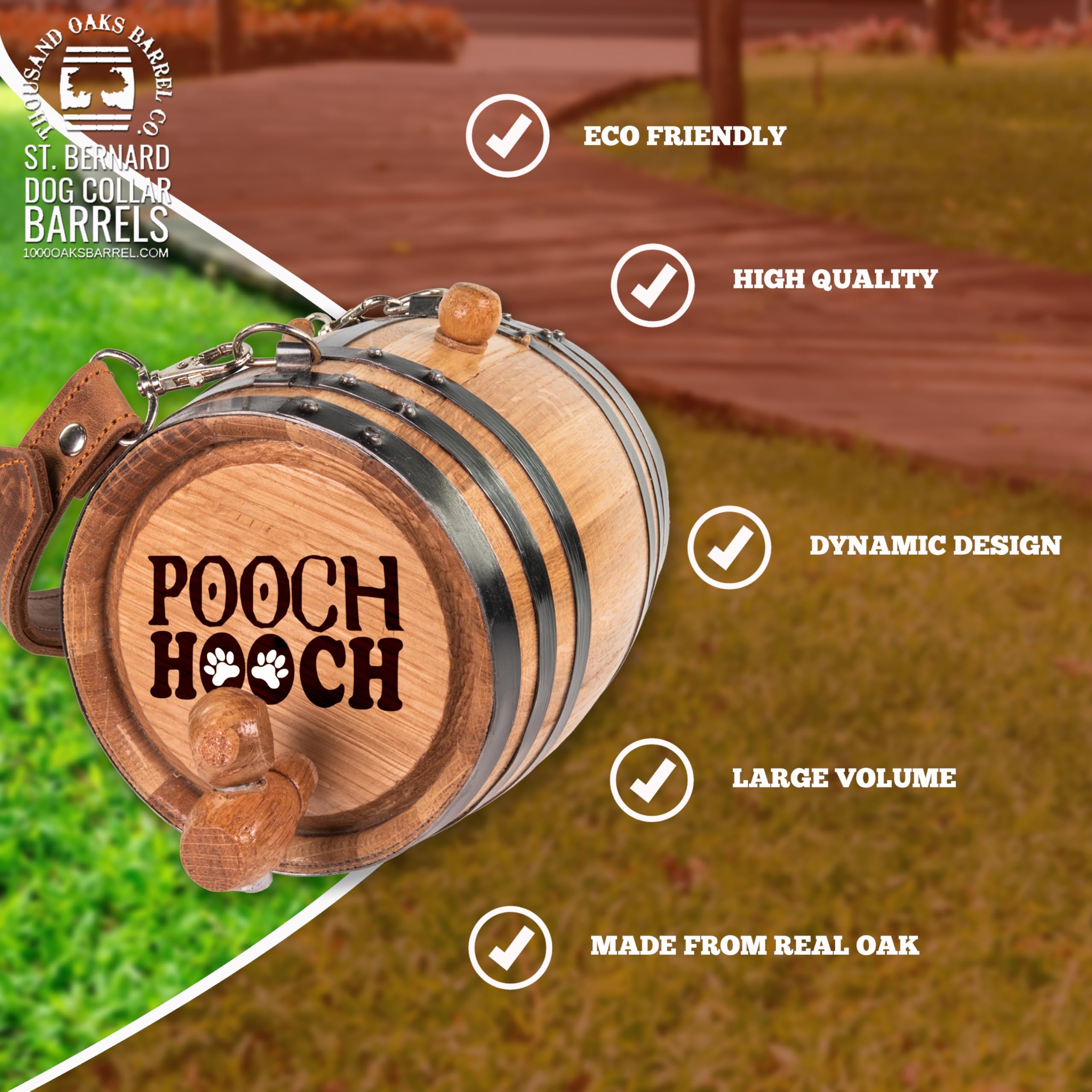 St Bernard Whiskey Barrel Collar For Dog, 'Pooch Hooch' W/ Paws Design - 1/2 Liter Oak Aging Barrel Dispenser For Saint Bernard