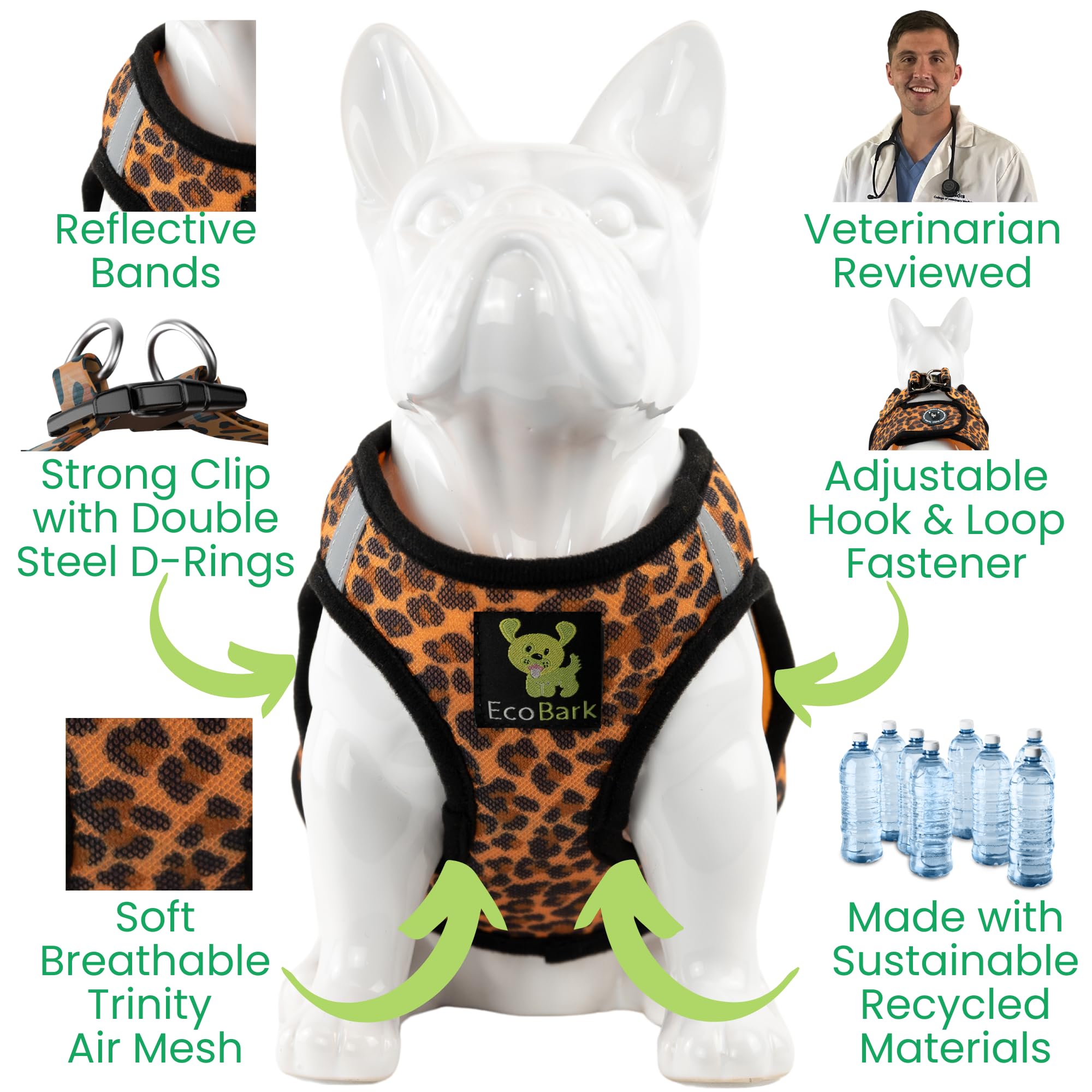 Ecobark Step In Dog Harness - Eco-Friendly Dog Harnesses For For Small & Medium Breed Dogs - Reflective And Adjustable Chest Body Halter Vest -Soft Luxurious Mesh (Leopard, Xl)