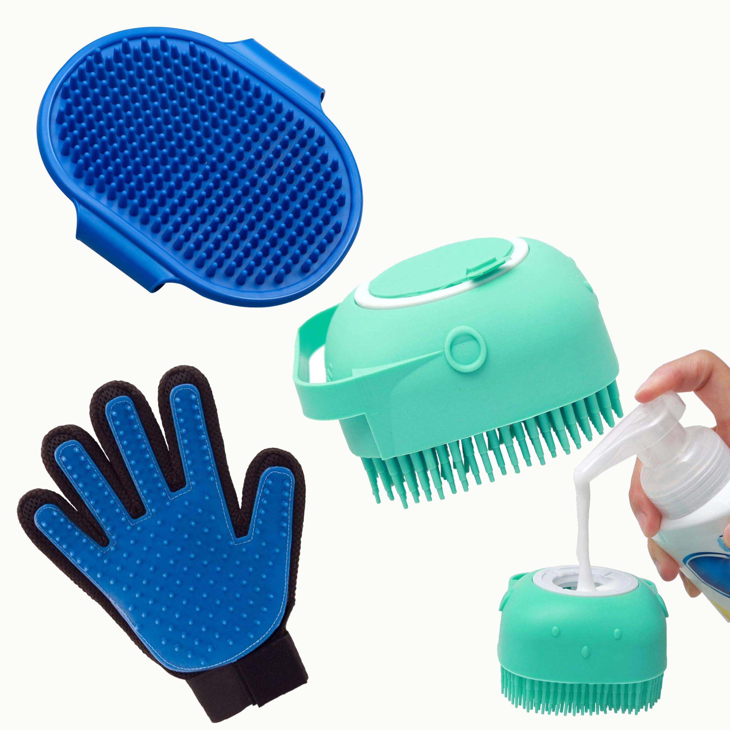 Pethood Pet Dog & Cat Hair Bath Brush (Combo Of 3) Grooming Accessories | Soft Silicon Brush | Rubber Gloves | Cleaning Hand Bru