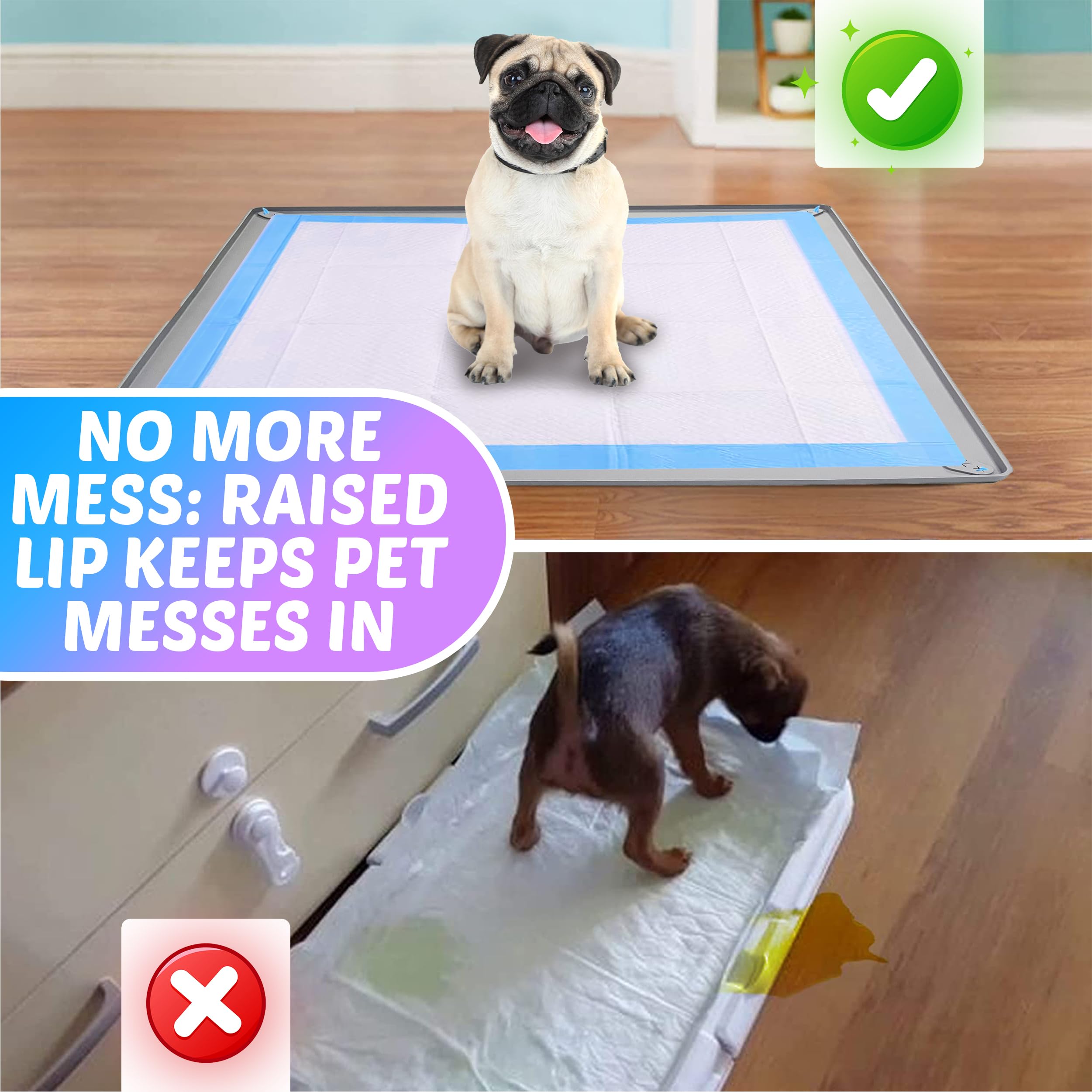 Skywin Dog Pee Pad Holder Tray - Non-Spill, Easy to Clean, 34 x 28 Inches, Light Grey, Fits 28” x 34” Pee Pads with Corner Lock Holes