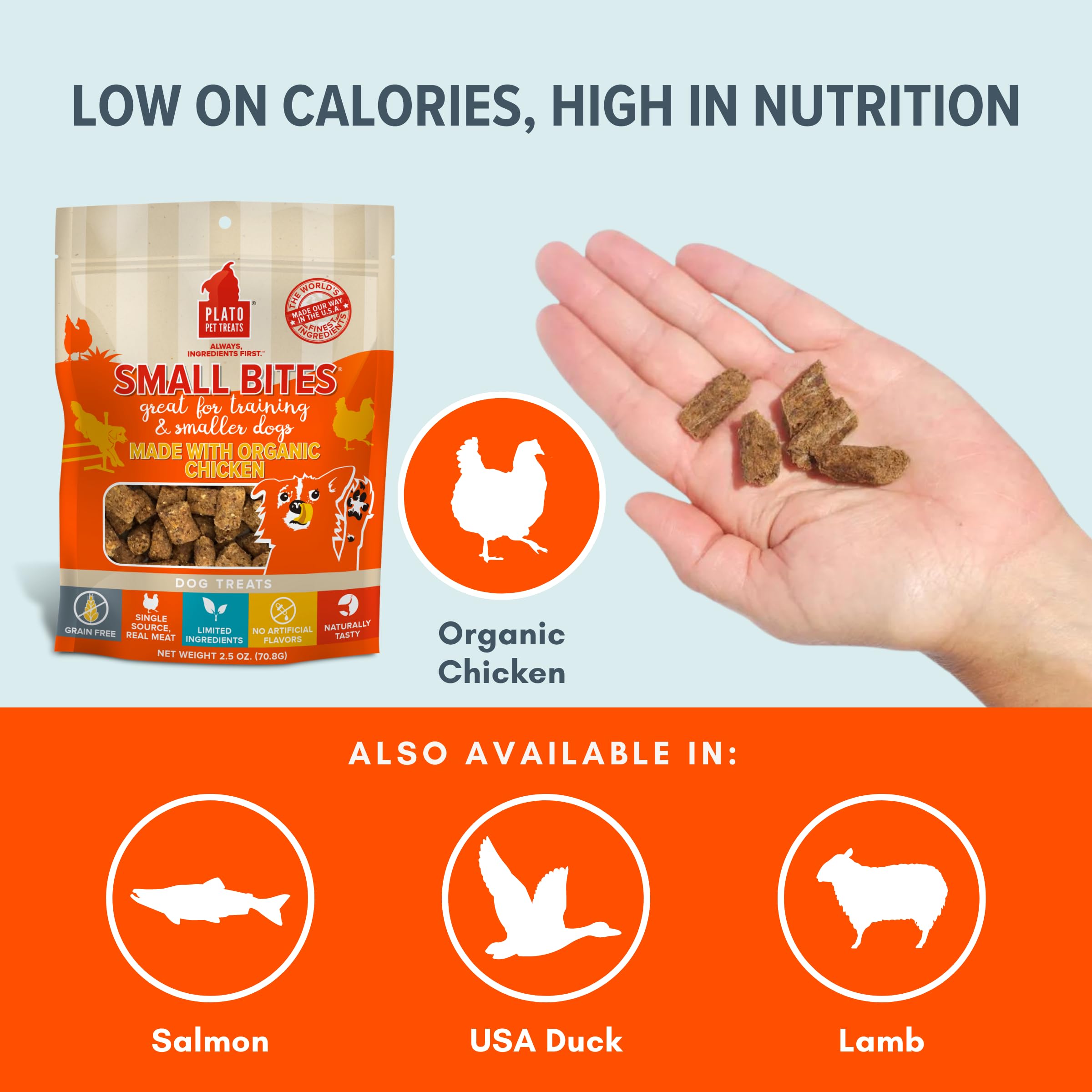 PLATO Small Bites Natural Training Dog Treats - Real Meat - Grain Free - Made in the USA - Organic Chicken Flavor, 2.5 ounces