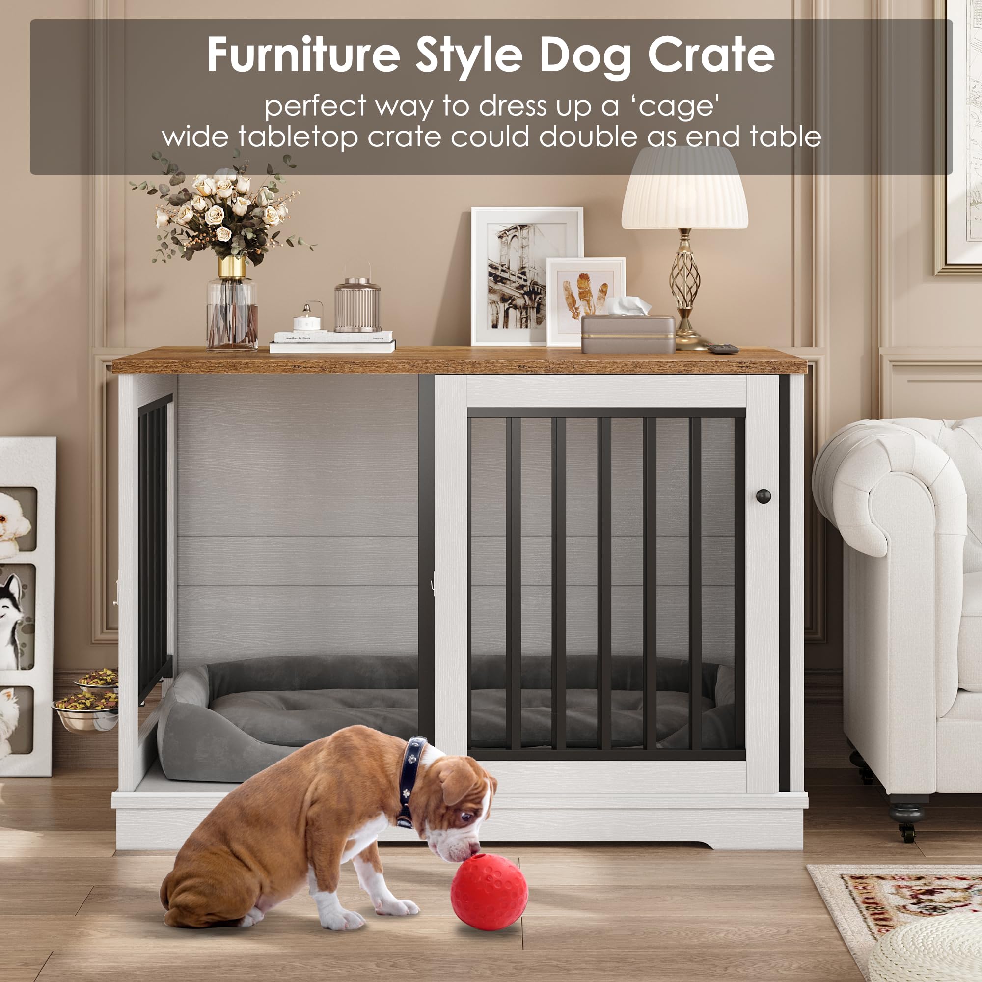 TTVIEW Large Dog Crate Furniture, Heavy Duty Indoor Kennel with Sliding Door, 2 Bowls, Rustic White Wooden Pet House