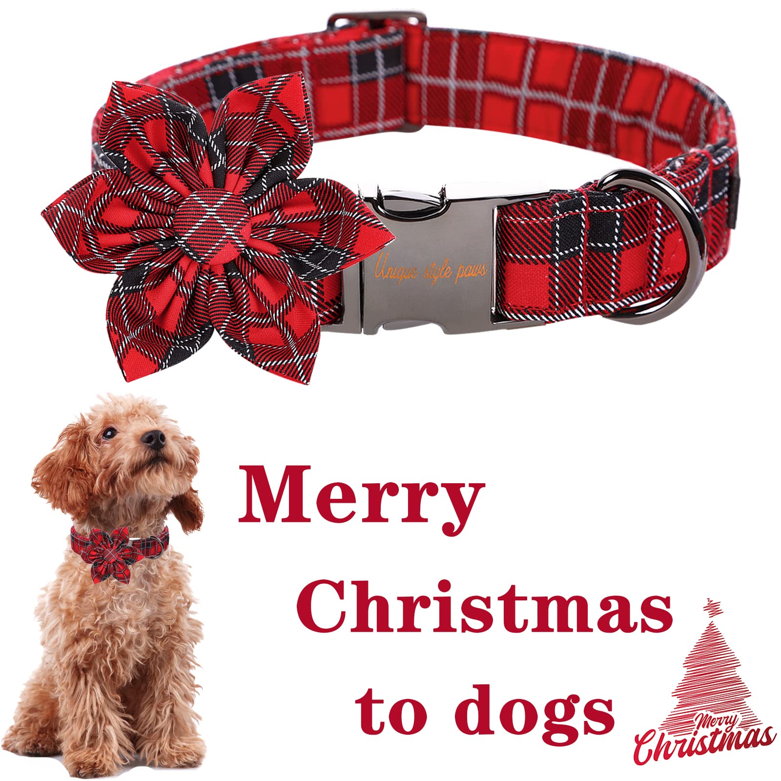 Unique Style Paws Christmas Dog Collar With Flower Tie Red Black Grid Cotton Collar Adjustable Puppy Plaid Collar For Small Medium Large Dogs-S