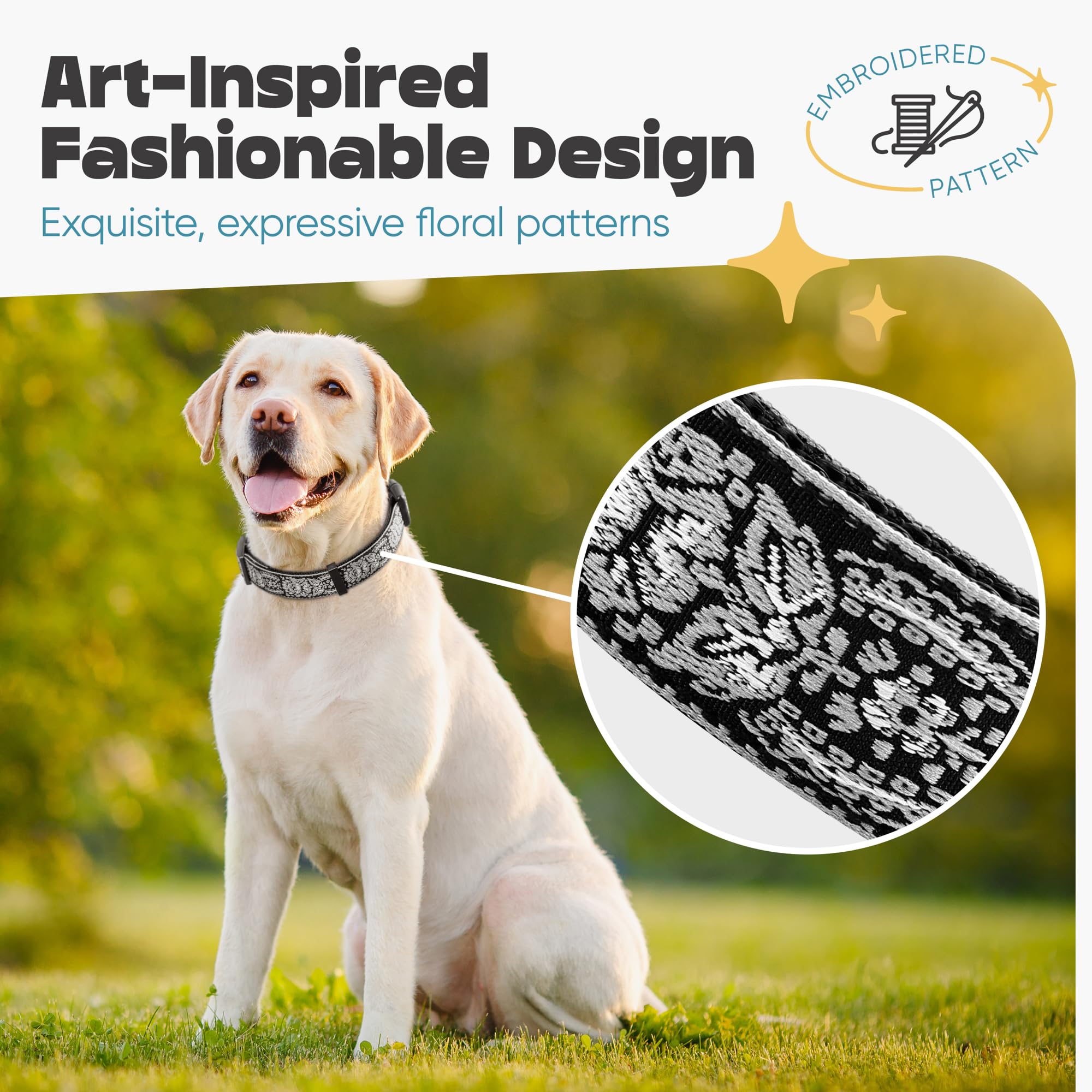 Dog Collar For Medium & Large - Black Silver Woven Pattern On Long Lasting, Adjustable, Strong And Durable Collars For Dogs - Ch