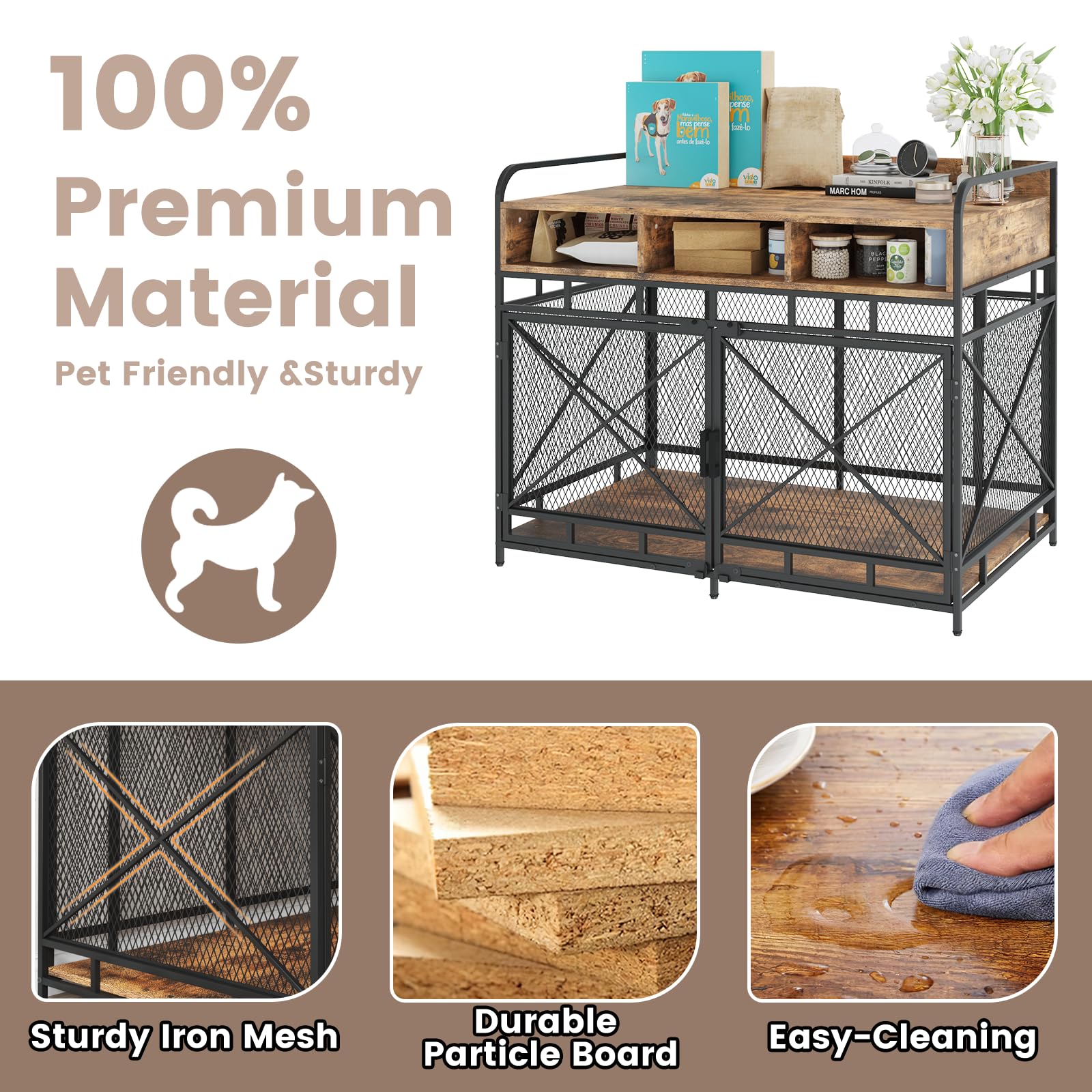 LEMBERI Dog Crate Furniture Large Breed,Wodeen Large Dog Kennel Indoor End Table,Heavy Duty Dog Crate,Decorative Pet Crate Dog C