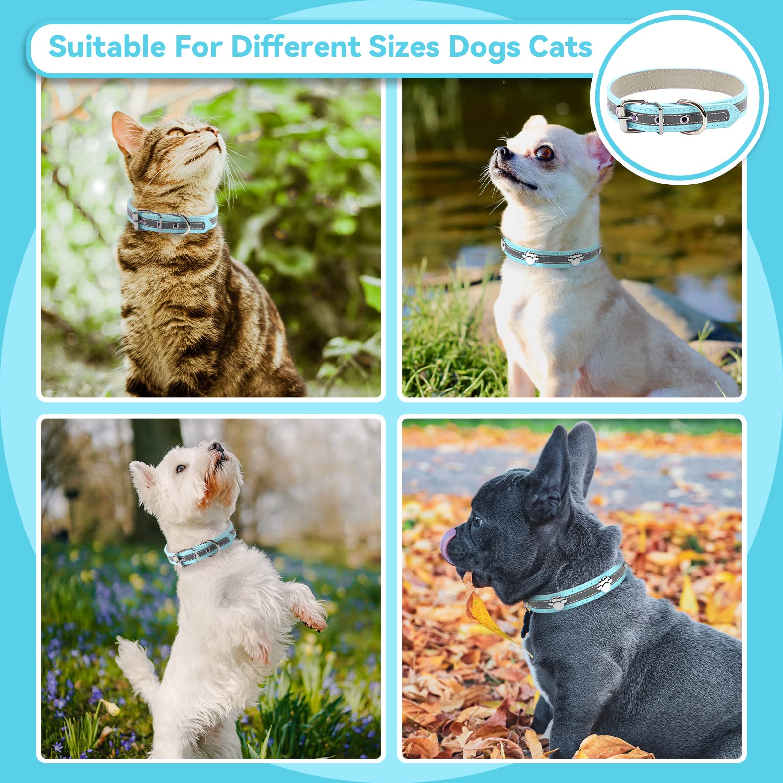 Petcare Reflective Dog Collar With Cute Paw Rivet Studded Funny Soft Pu Leather Adjustable Puppy Dog Collars For Small Medium Large Dogs Cats (Blue,Large)
