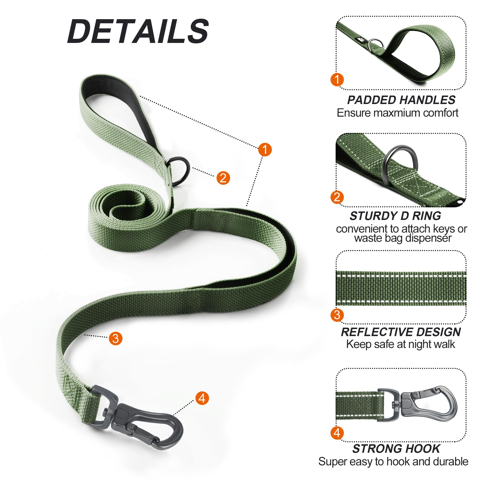 Twoear 4Ft 1In Strong Green Dog Leash With 2 Padded Handles, Traffic Handle Extra Control, Comfortable Soft Dual Handle, Auto Lo