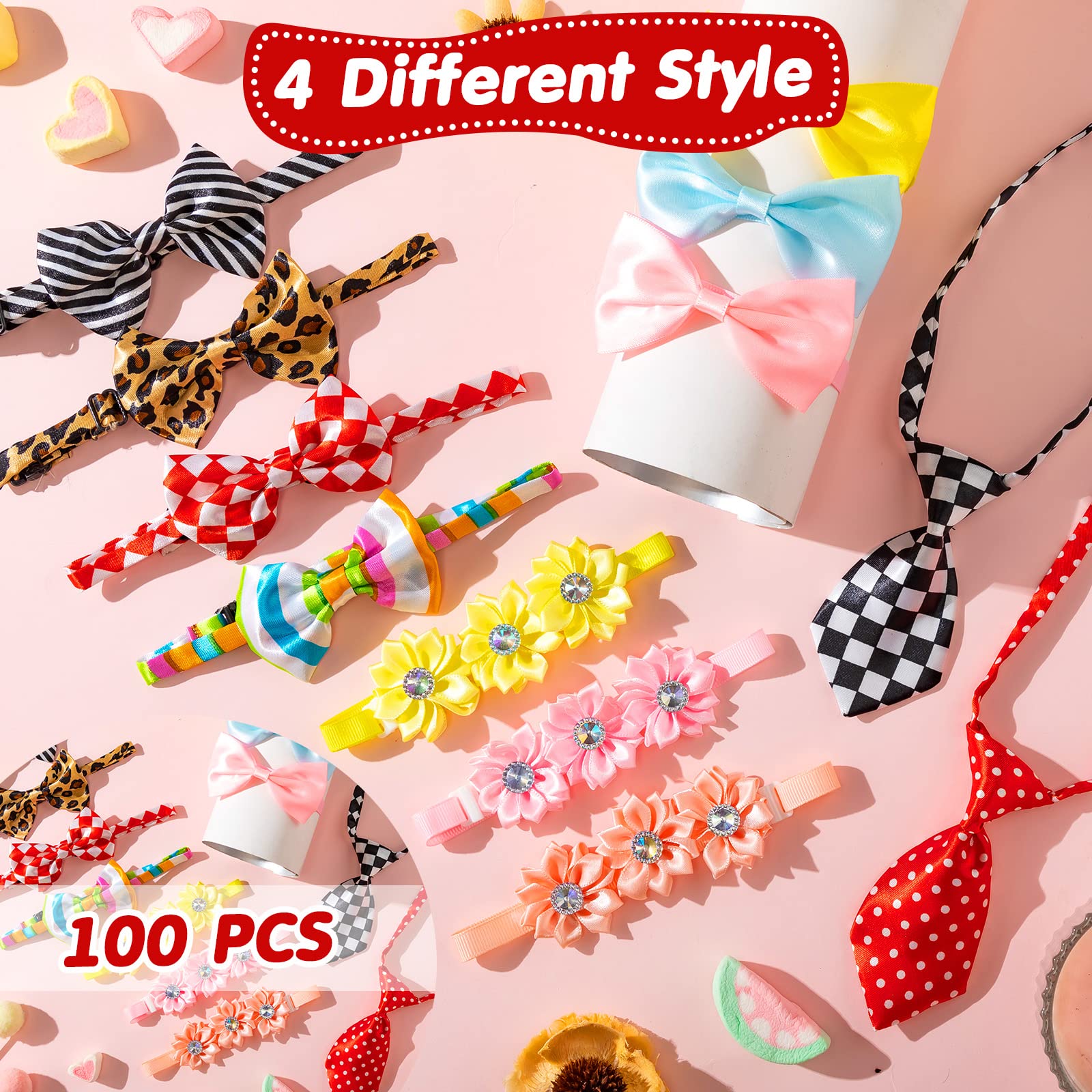 Chumia 100 Pcs Adjustable Dog Ties Set Includes 50 Bow Ties 25 Neckties 25 Flower Neck Tie Assorted Bowtie Collar Grooming Acces