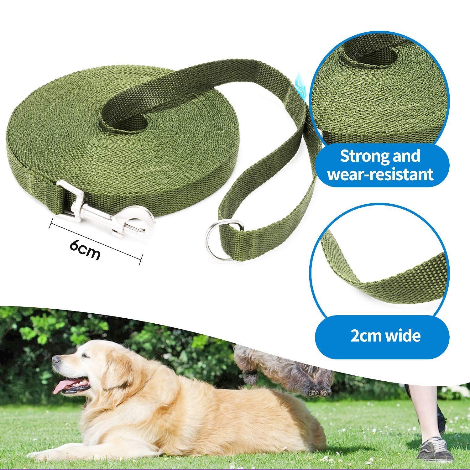 Baapet 15/20/30/50/100 Ft Long Dog Training Leash With Clickers For Small, Medium And Large Dogs Or Cats (30 Feet, Darkgreen)