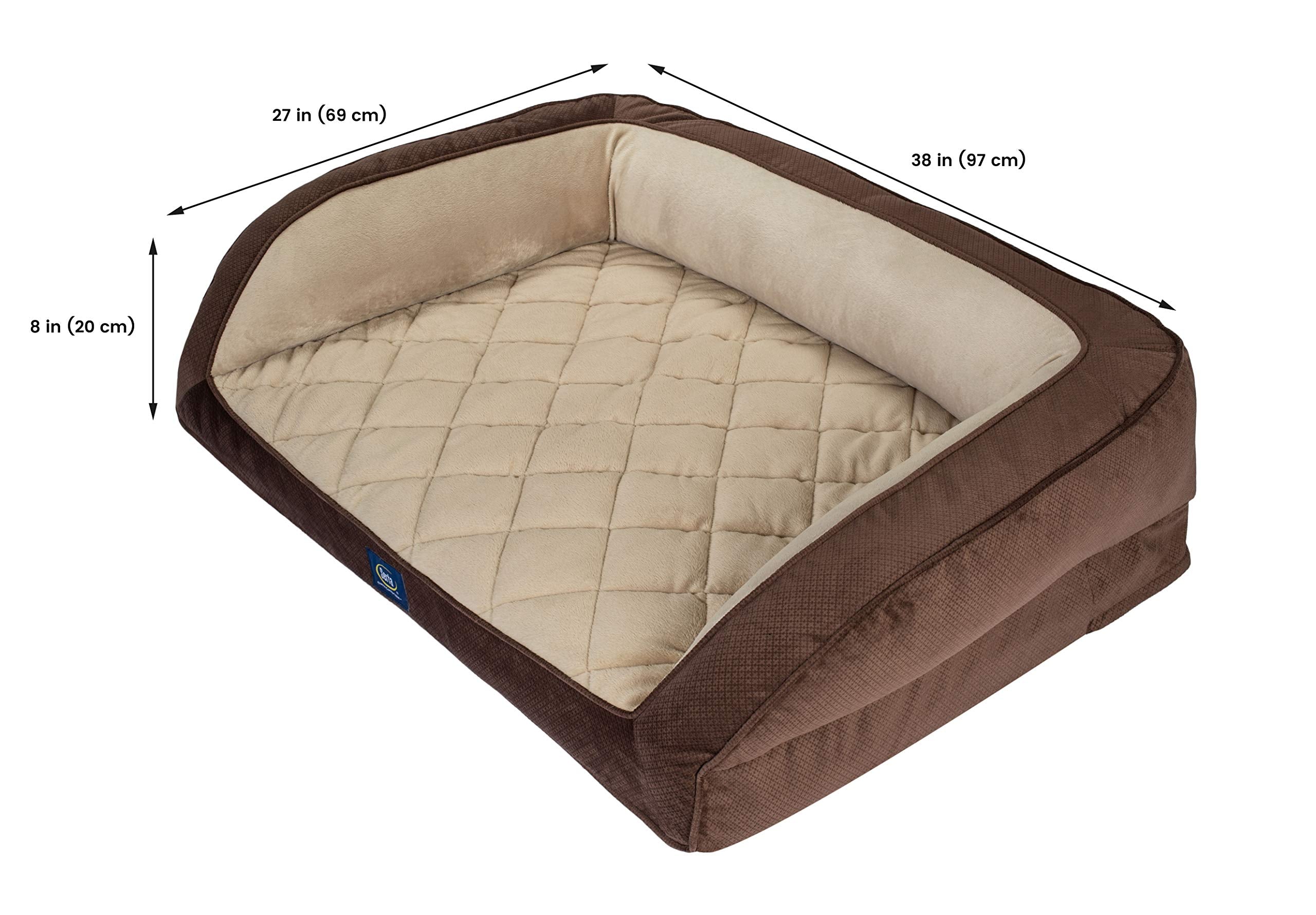 Serta Ortho Quilted Couch Pet Bed - Large 38" x 27" - Mocha - Durable Ortho Foam for Comfort