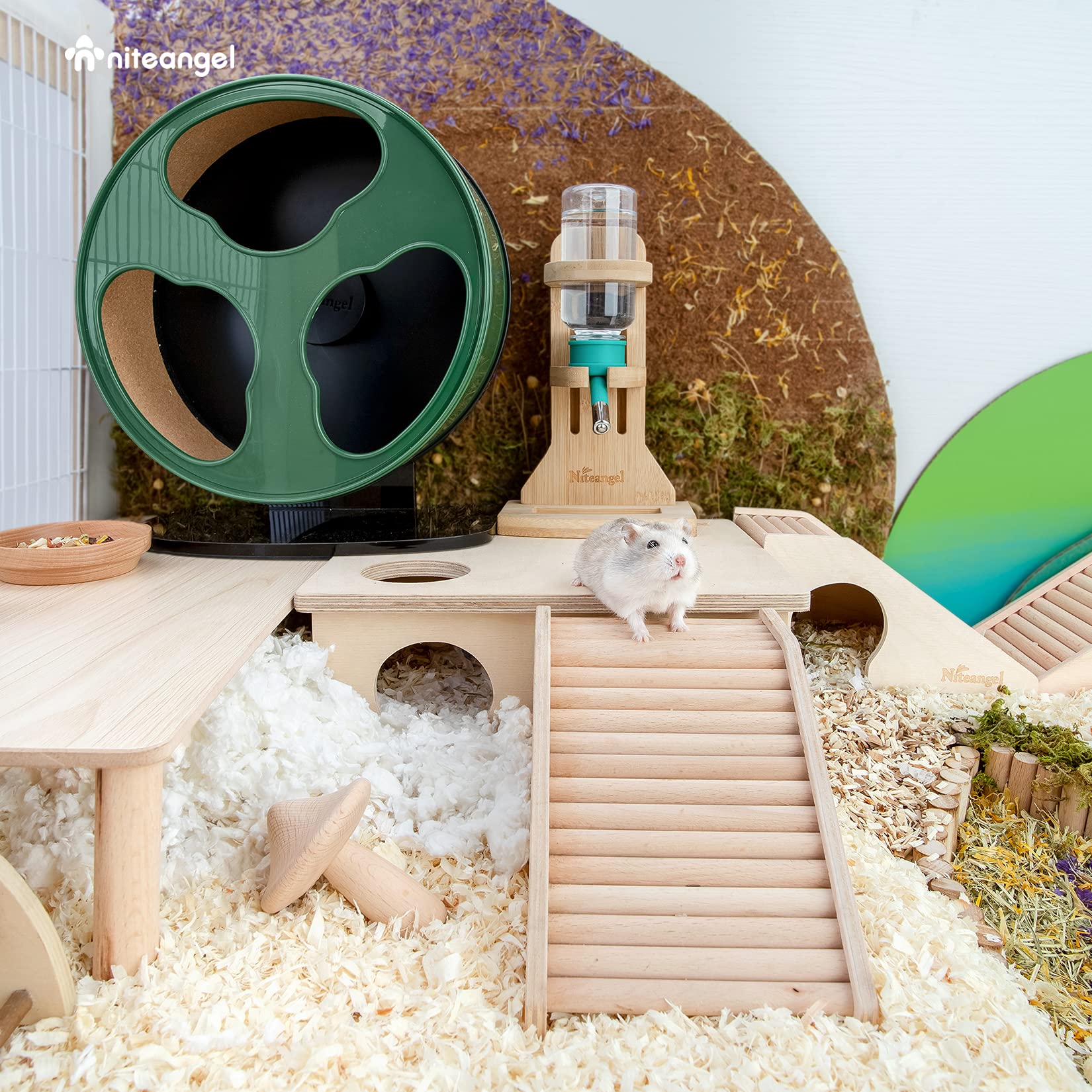 Niteangel Trapezium Hamster House with Climbing Ladder, Light Brown Wood for Hamsters, Gerbils, Mice, and Similar-Sized Pets