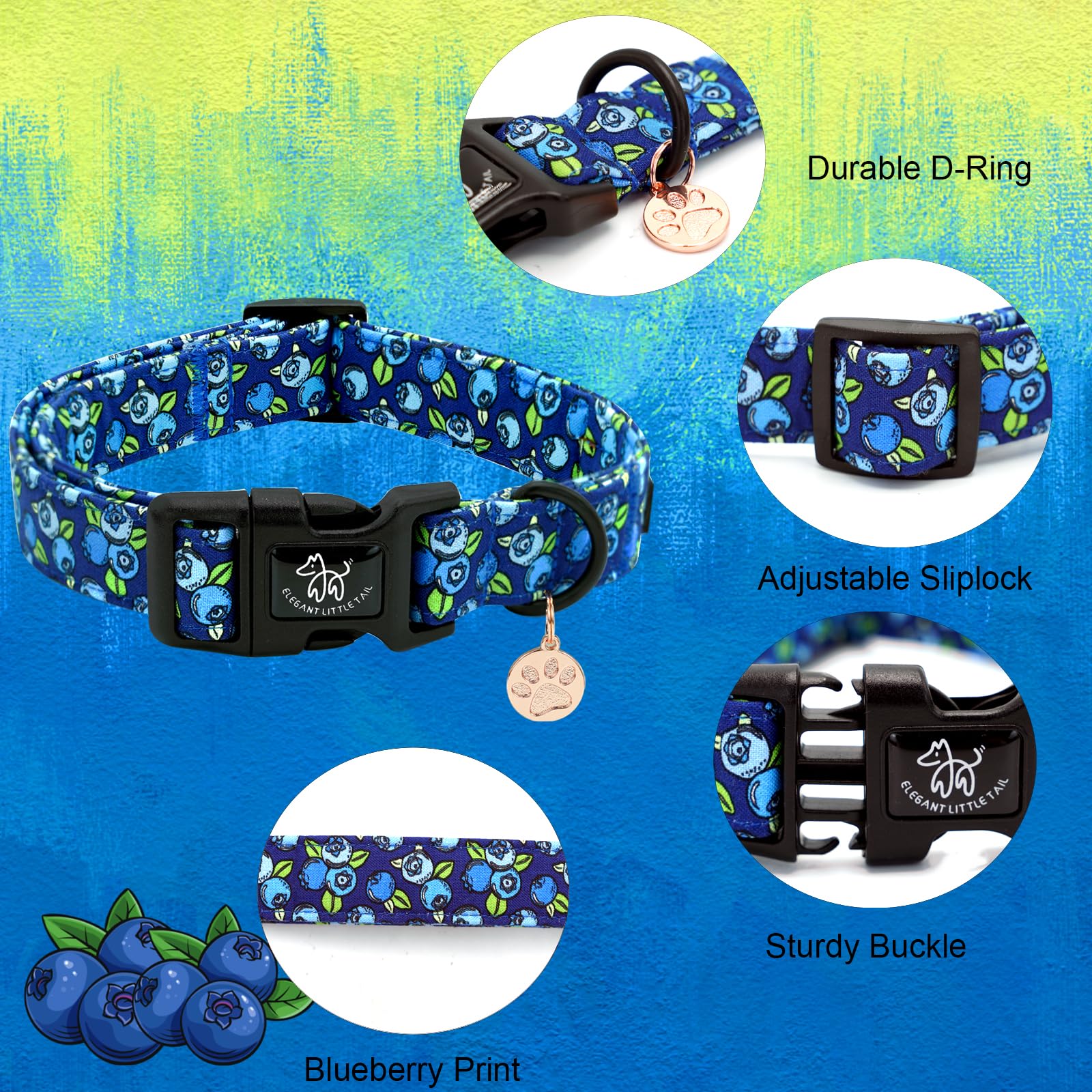 Elegant Little Tail Dog Collar-Cute Pet Dog Collar Blueberry Print Cotton Soft Boy Puppy Adjustable Pet Collars For Small Medium