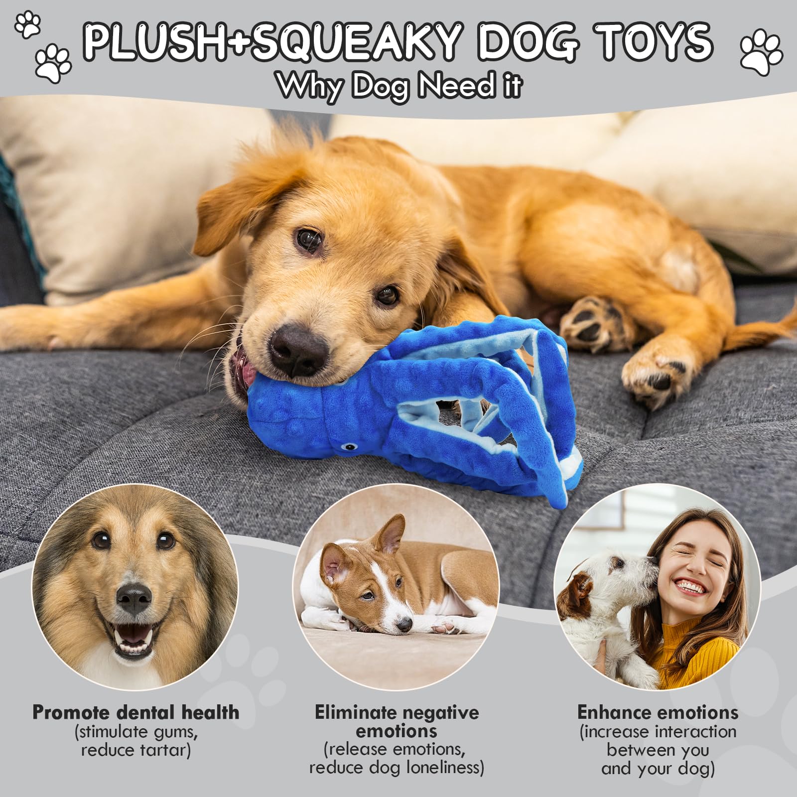 Chngeary Octopus Squesky Dog Toys For Large Medium Small Dogs, Stuffed And Tough Plush Dog Toys For Aggressive Chewers(Blue)