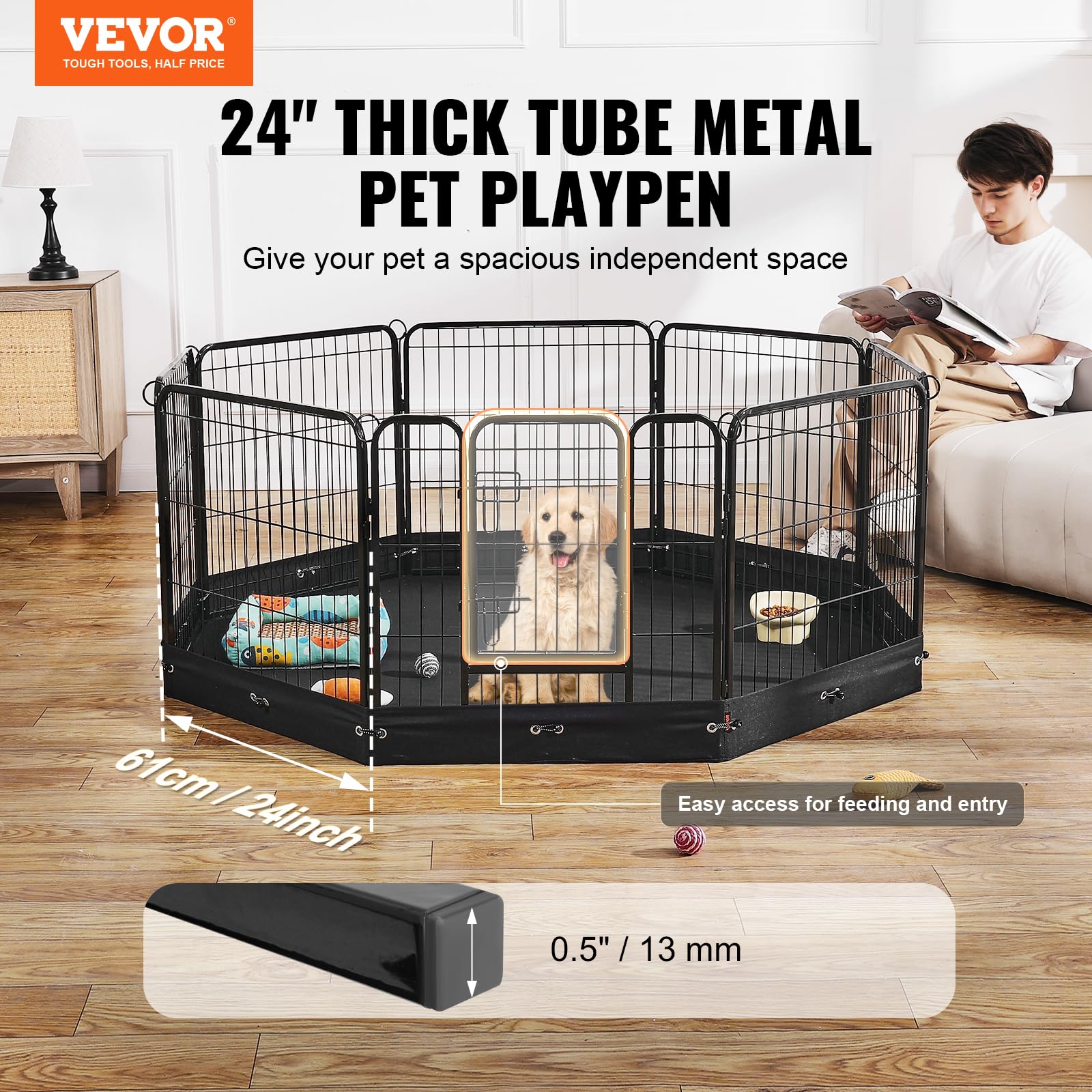 Vevor Dog Playpen, 8 Pcs 24 X 24 In Panels Foldable Metal Pet Exercise Pen, Dog Fence Indoor And Outdoor Pen With Door, Storage