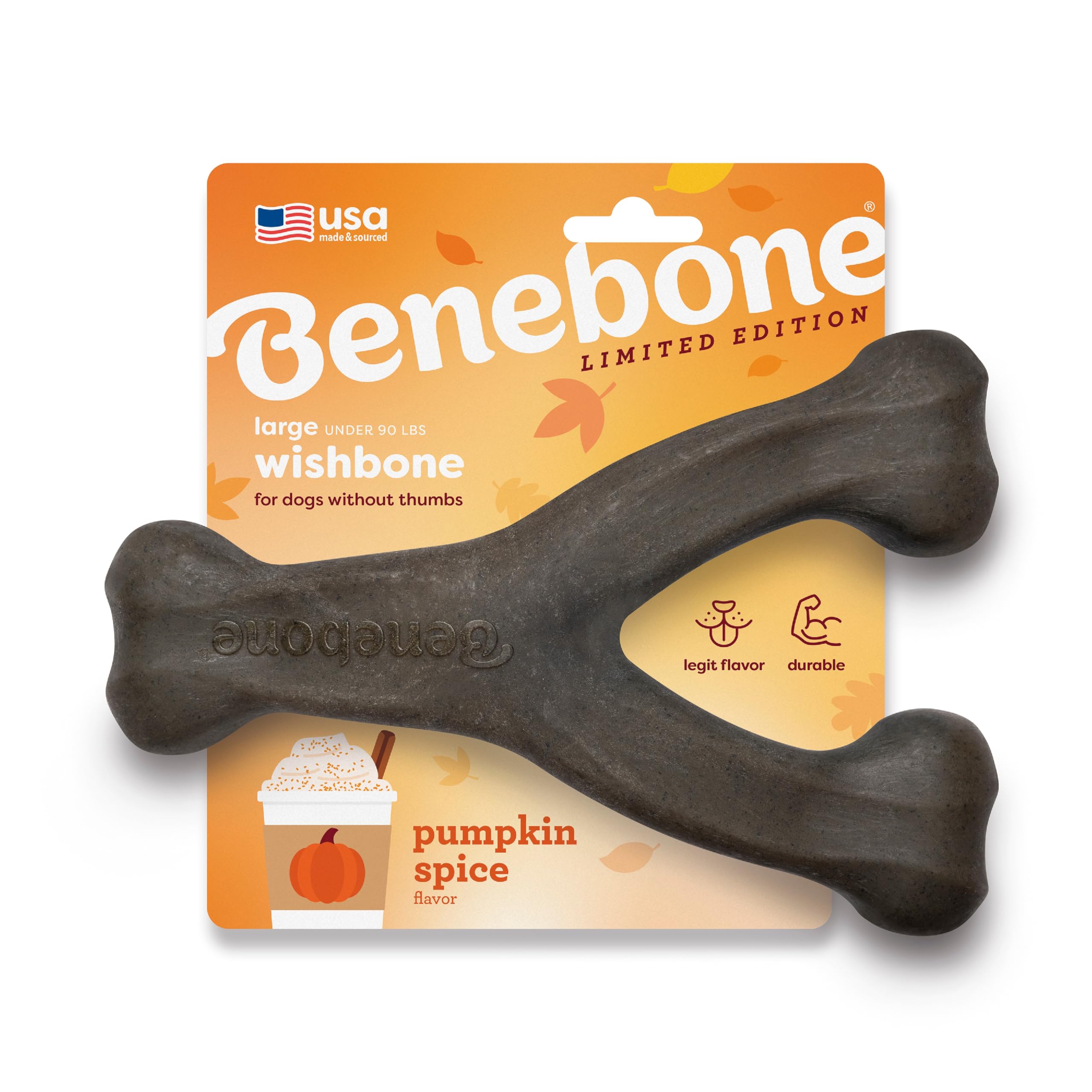 Benebone Pumpkin Spice Wishbone - Limited Edition Flavor, Durable Dog Chew Toy for Aggressive Chewers, Made in USA, Large
