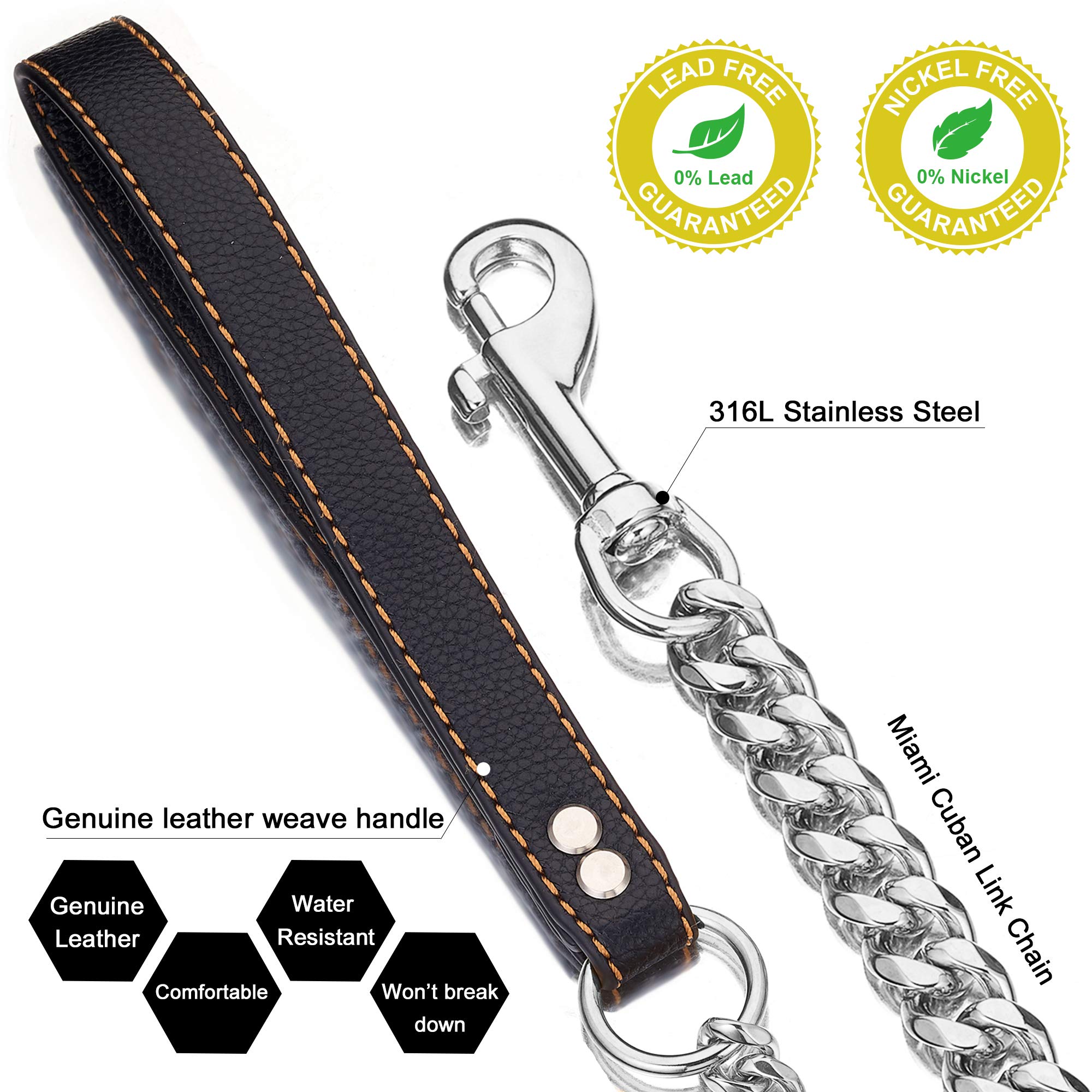 PRADOG Chain Dog Leash Metal Chew Proof 15MM Heavy Duty Pet Leash Chain with Leather Padded Handle for Large Medium Small Dogs(T