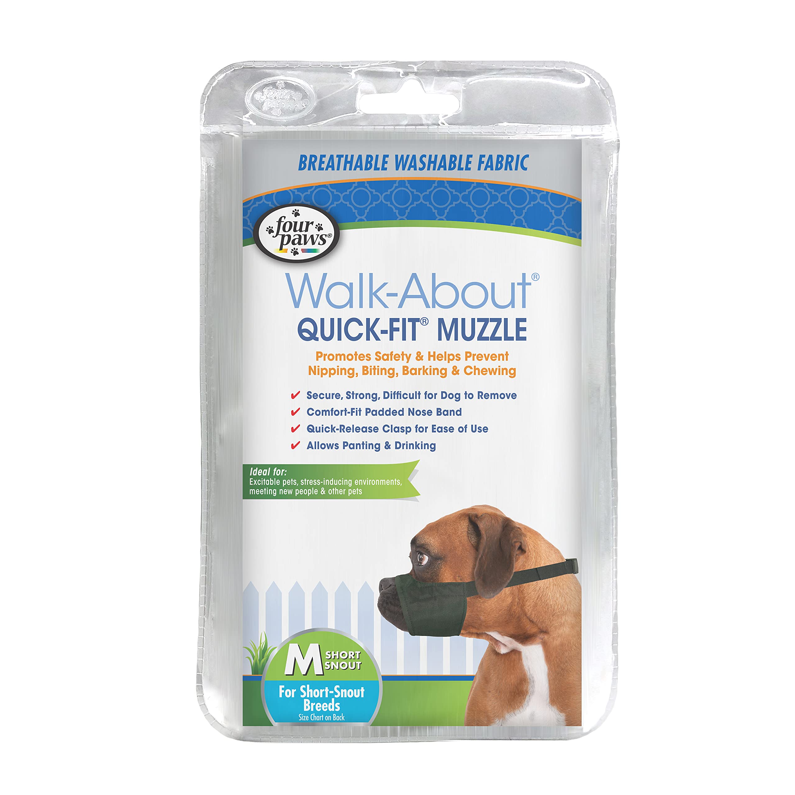 Four Paws Walk-About Quick-Fit Short Snout Adjustable Dog Muzzle For Medium Dogs, Washable & Breathable, Black, 1 Count
