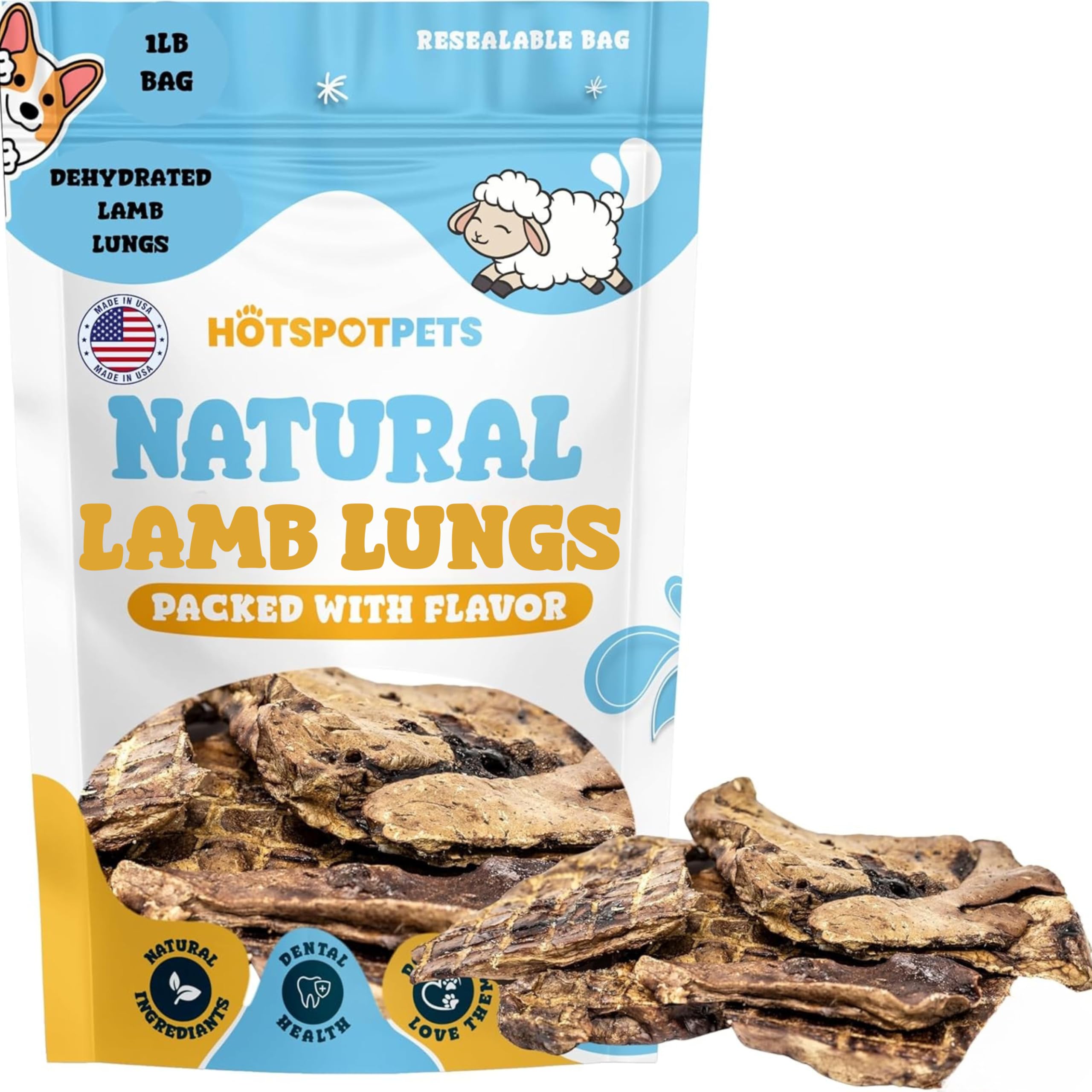 Hotspot Pets Premium Raw Single Ingredient Lamb Lung Dog Treats - 1lb Big Bag All-Natural, Made in USA - High Protein, Low Fat -