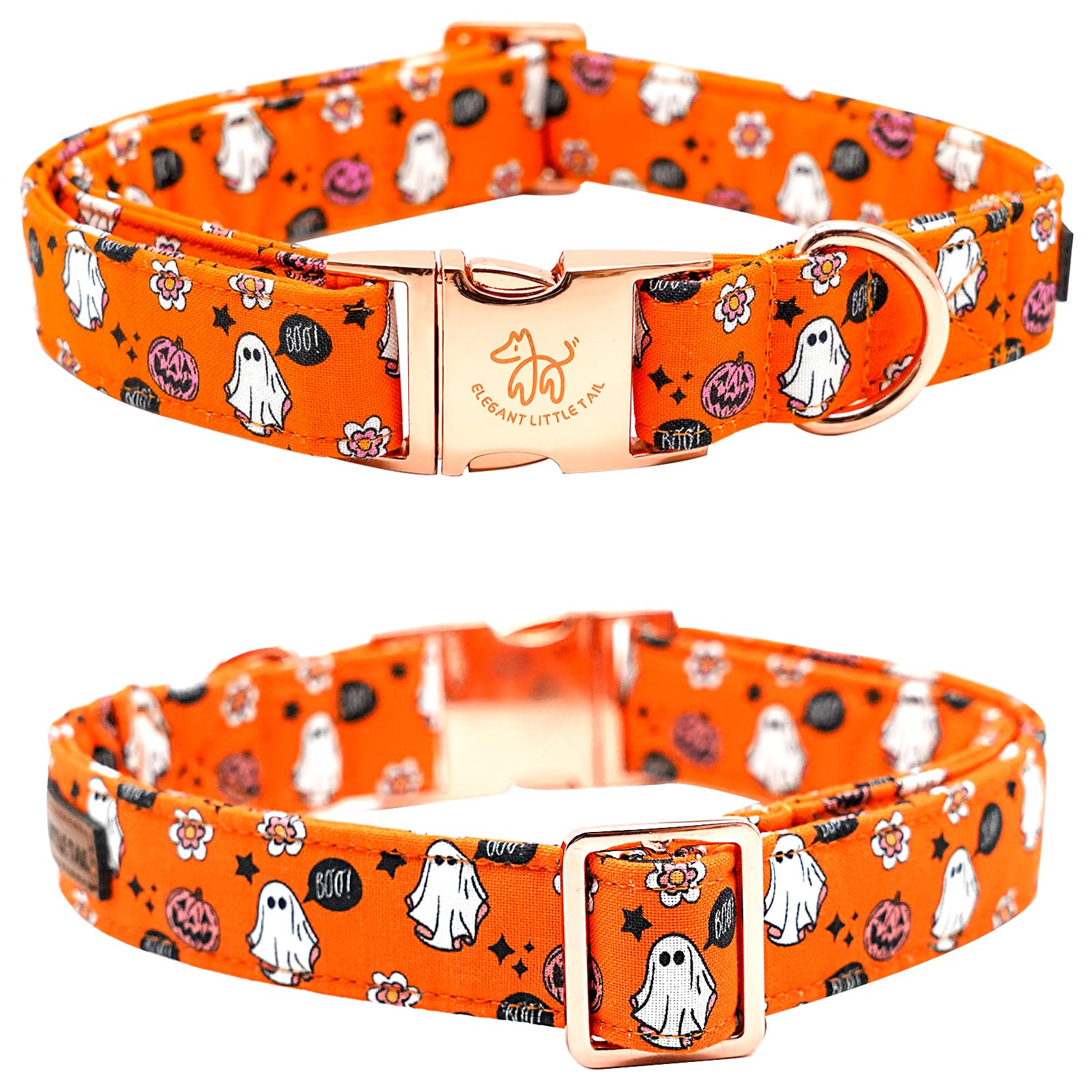 Elegant Little Tail Halloween Dog Collar - Pumpkin Print, Cotton With Metal Buckle, Adjustable For Medium Dogs