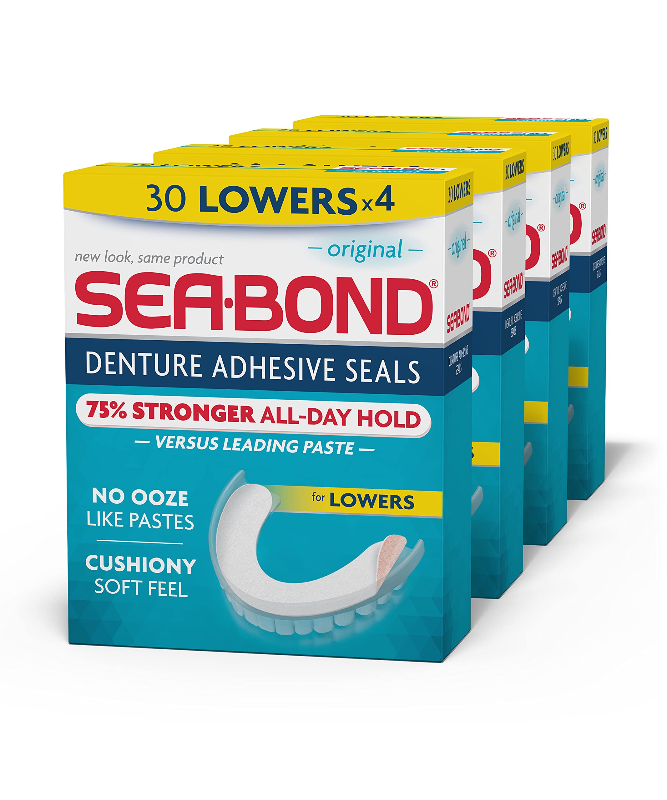 Sea-Bond Secure Denture Adhesive Seals Lowers Original, Zinc Free, All Day Hold, Mess Free, 30 count (Pack of 4)