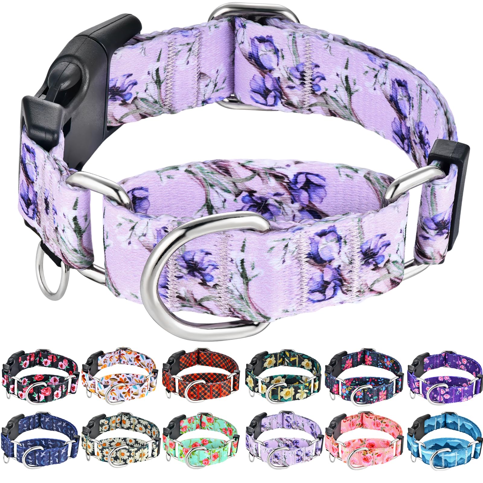 Fidohug Purple Martingale Dog Collars For Medium Dogs With Buckle Floral Pattern Nylon Dog Collar (Purple Lily, Medium)