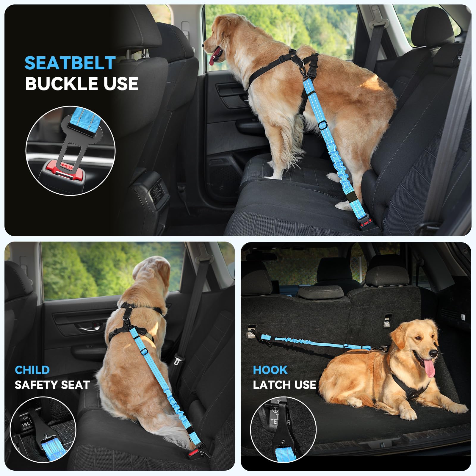 Pawaboo 2Pack Dog Seatbelt for Car, 3-in-1 Dog Seat Belt Bungee, Shockproof Dog Tether for Car with Buckle & Hook Latch, Adjusta