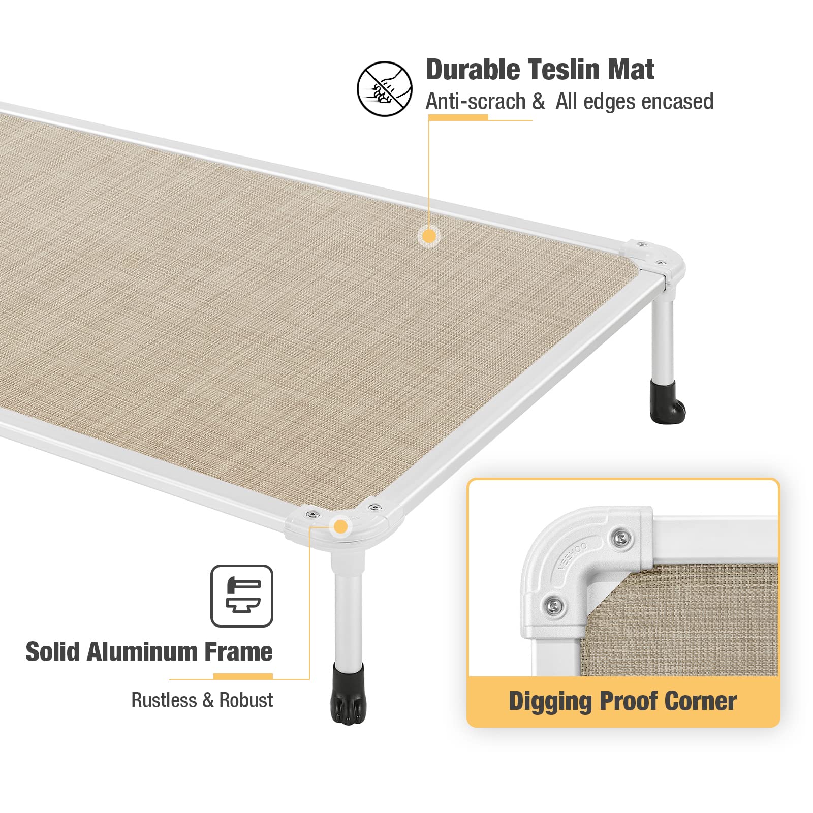 Veehoo Chew Proof Elevated Dog Bed - Cooling Raised Pet Cot - Silver Aluminum Frame And Durable Textilene Mesh Fabric, Unique Designed No-Slip Feet For Indoor Or Outdoor Use, Black Silver, X Large