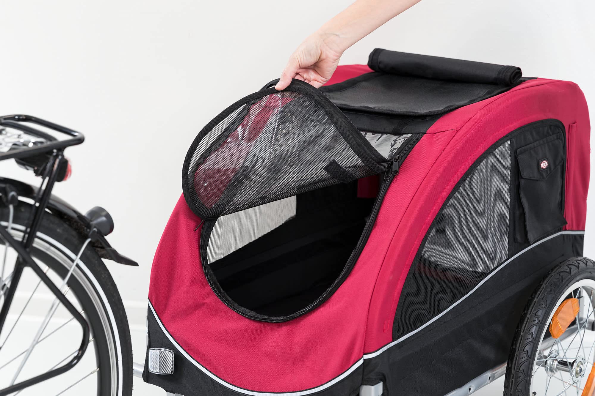 TRIXIE Dog Bike Trailer & Stroller for Medium Dogs up to 66 lbs, Quick Set-up, Red, Model 12816, Aluminum Construction