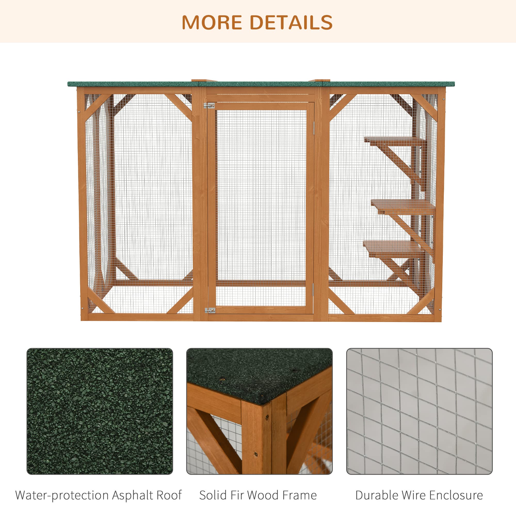 Pawhut Outdoor Cat House, Catio Wooden Feral Cat Shelter, Cat Cage With Platforms, Large Enter Door, Weather Protection Asphalt Roof, 71' L, Orange