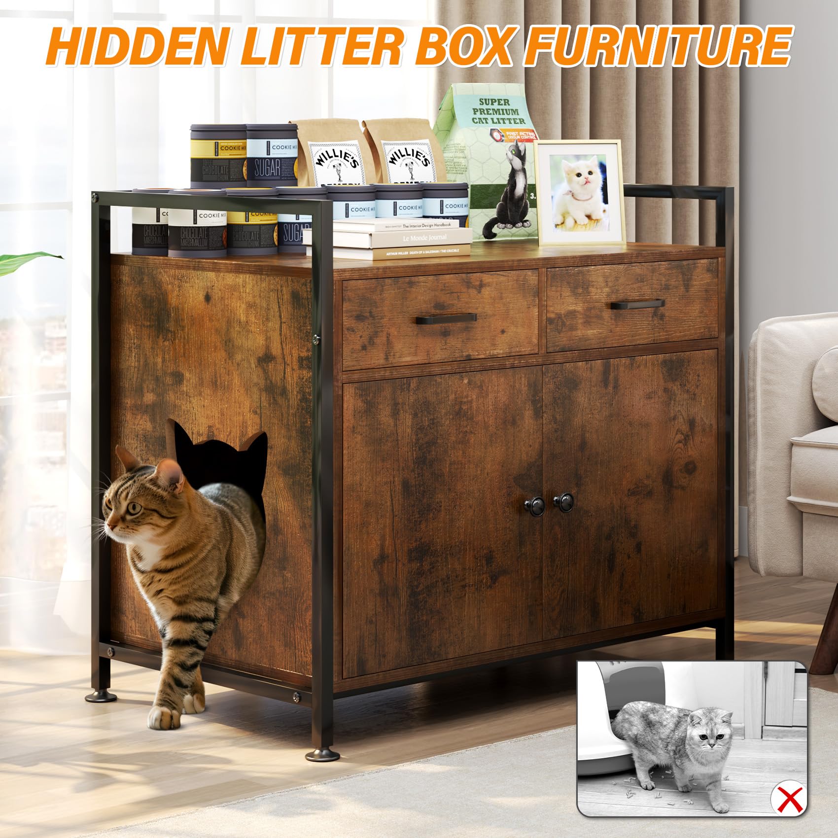 Tc-Homeny Cat Litter Box Enclosure Furniture Storage Cabinet For Living Room