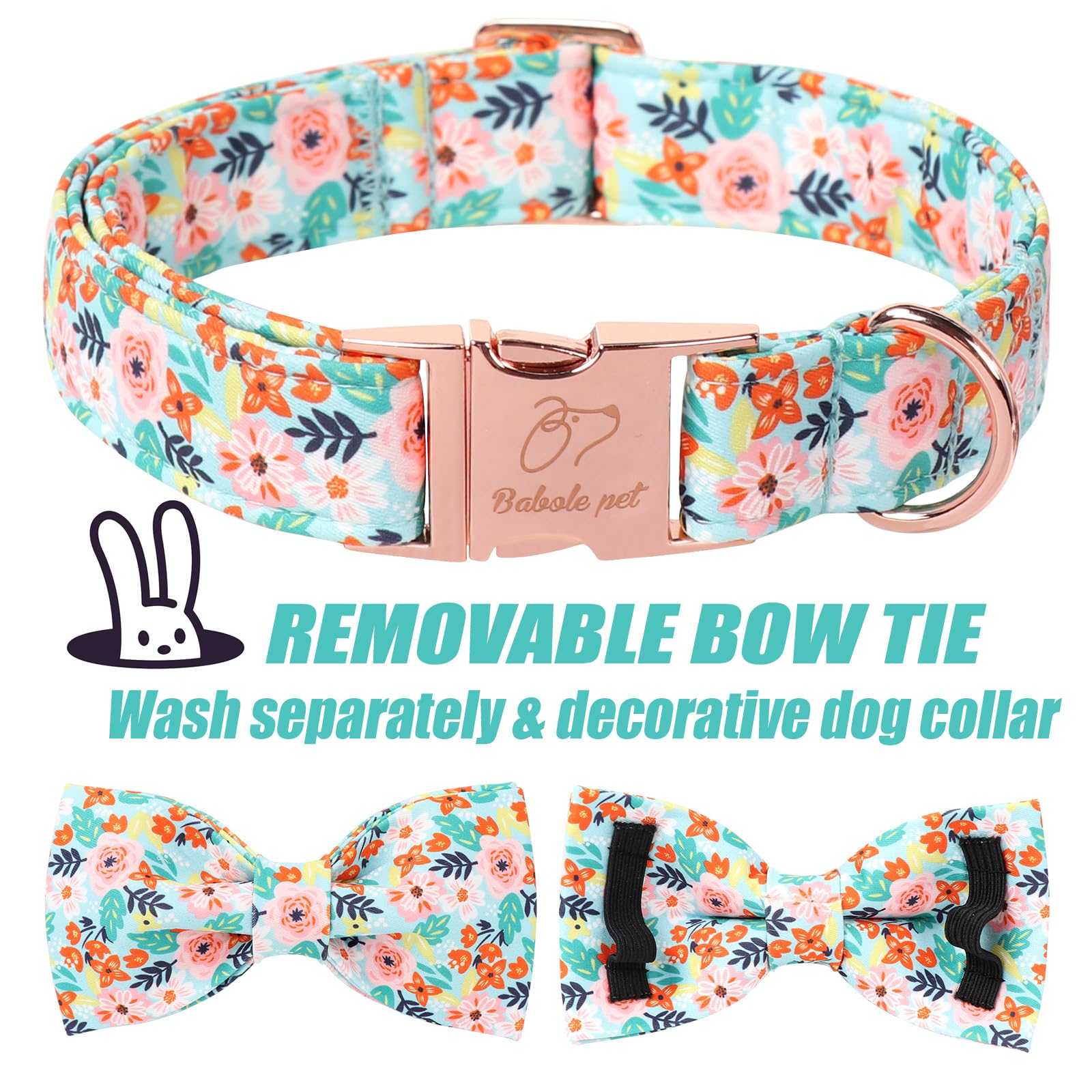 Babole Pet Floral Dog Collar With Bow Tie - Adjustable Light Blue Flower Bowtie Collar Breathable Comfort Spring-Summer Dog Coll