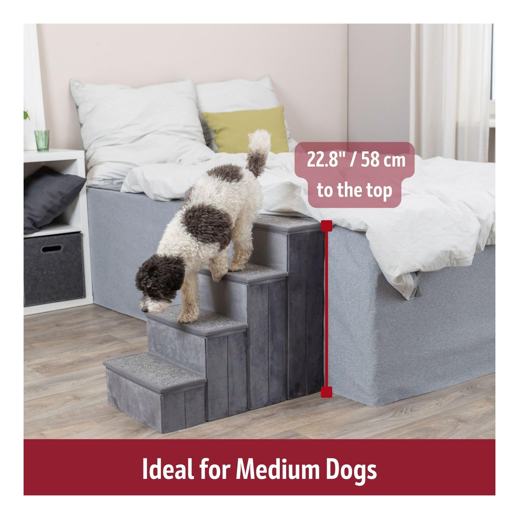 TRIXIE Velour Dog Stairs with Tread Steps - 4 Step Pet Stairs for Beds and Couches - Foldable with Additional Storage Space - in