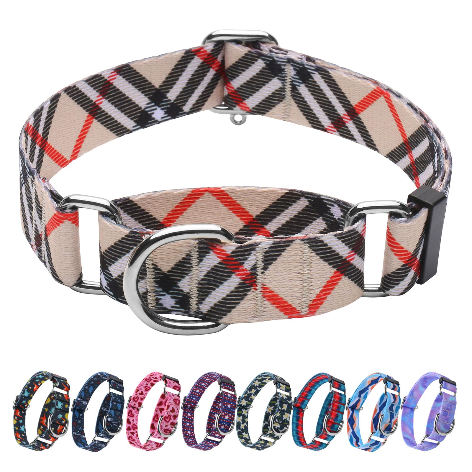 Hikiko Martingale Collar For Dogs With No Buckle Nylon Training Dog Collars For Large Dogs,Khaki Plaid,L