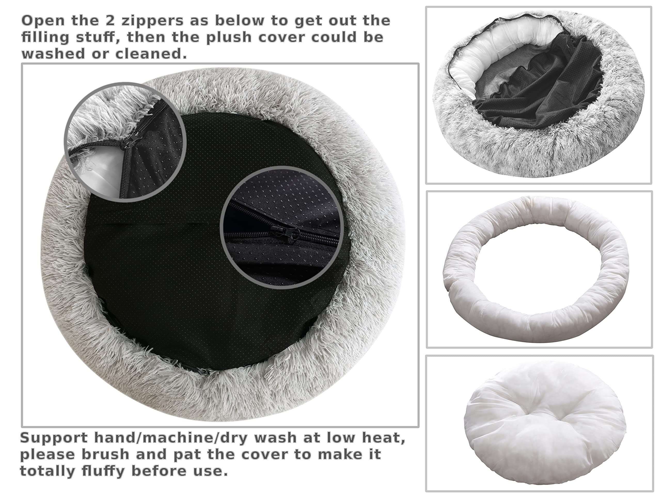 Comlax Calming Donut Dog Beds, 28 Inches Round Cushion With Removable Washable Cover, Anti-Anxiety Faux Fur Cuddler, Fluffy Comf