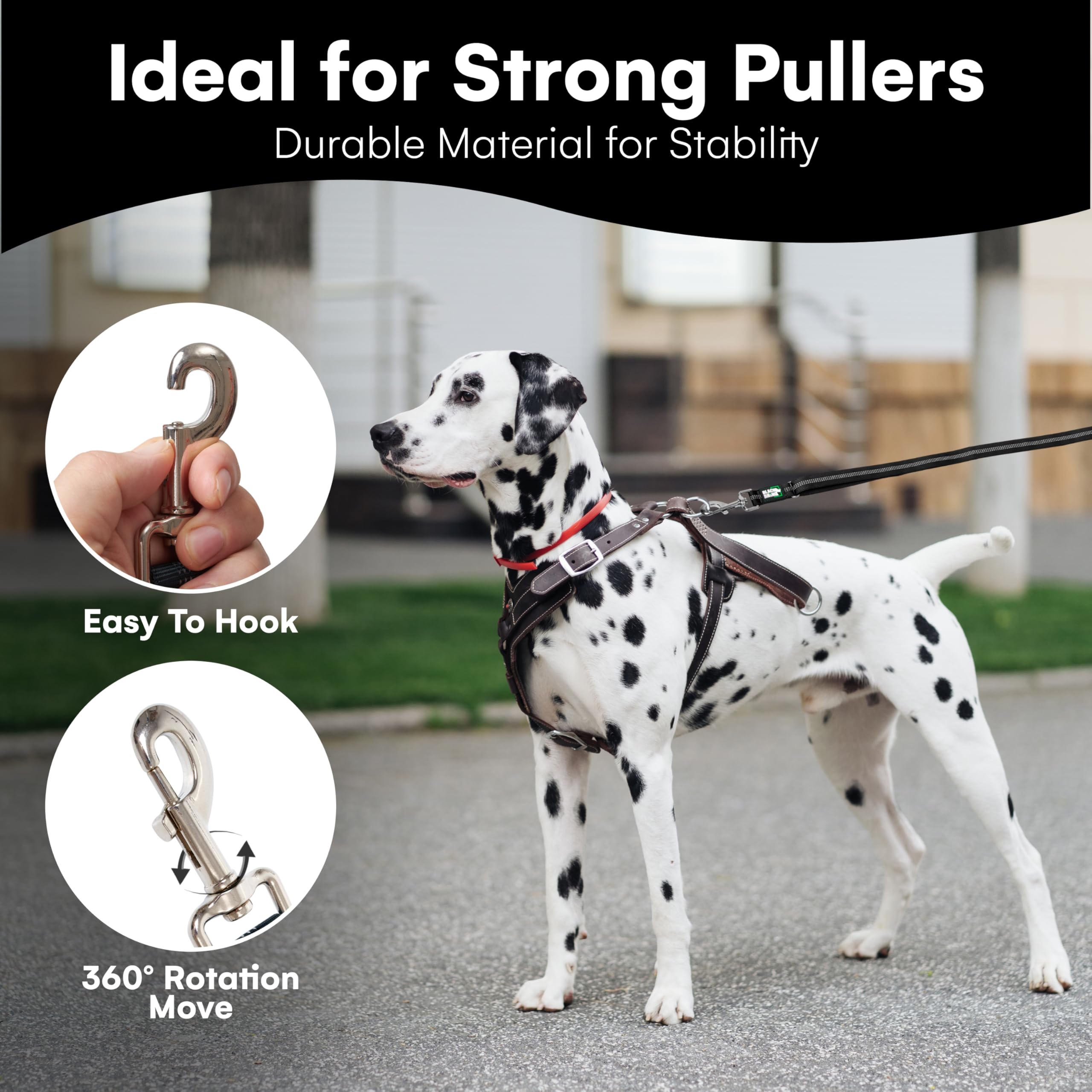 Black Rhino Double Handle Dog Leash - Heavy Duty Adjustable Leash for Large Dogs That Pull - Reflective Two Handle Neoprene Padd
