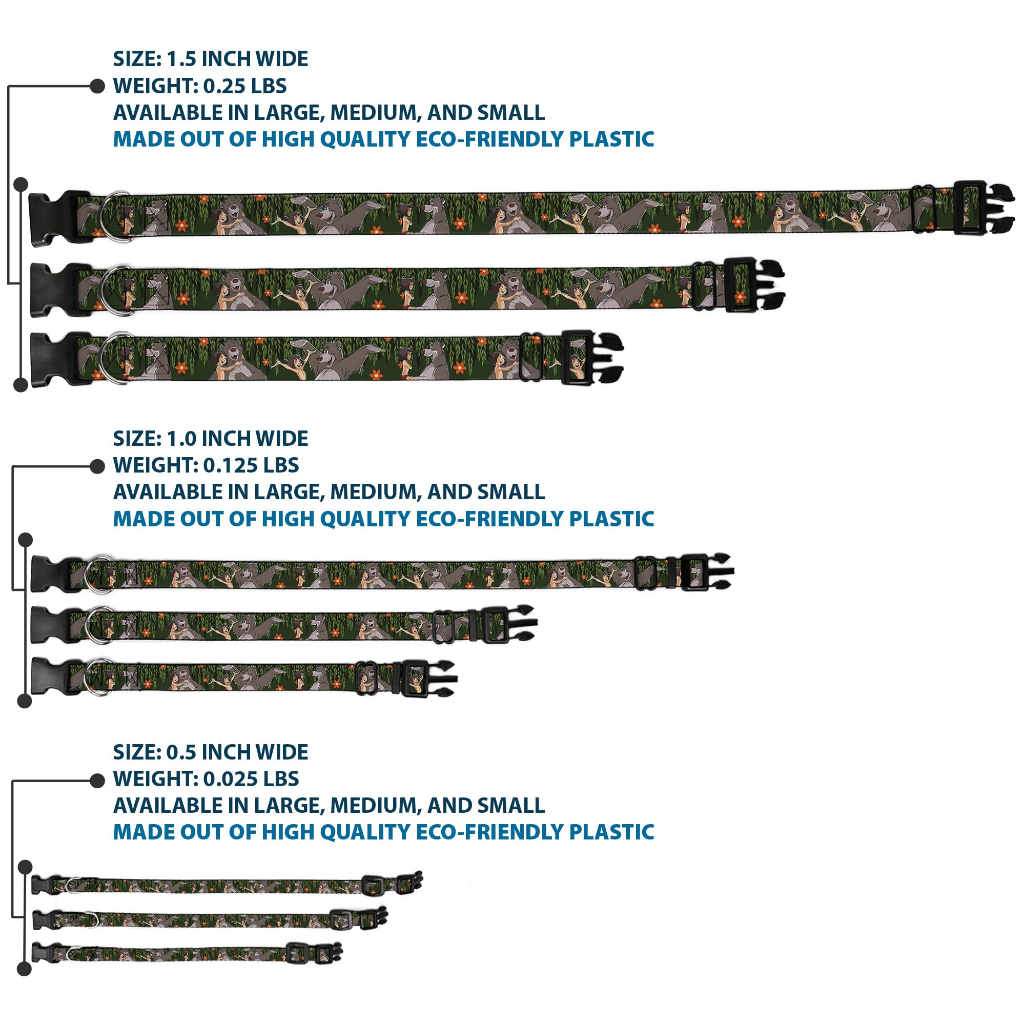 Buckle-Down Plastic Clip Collar - Mowgli & Baloo 3-Poses Leaves/Flowers Greens/Orange - 1.5' Wide - Fits 16-23' Neck - Medium