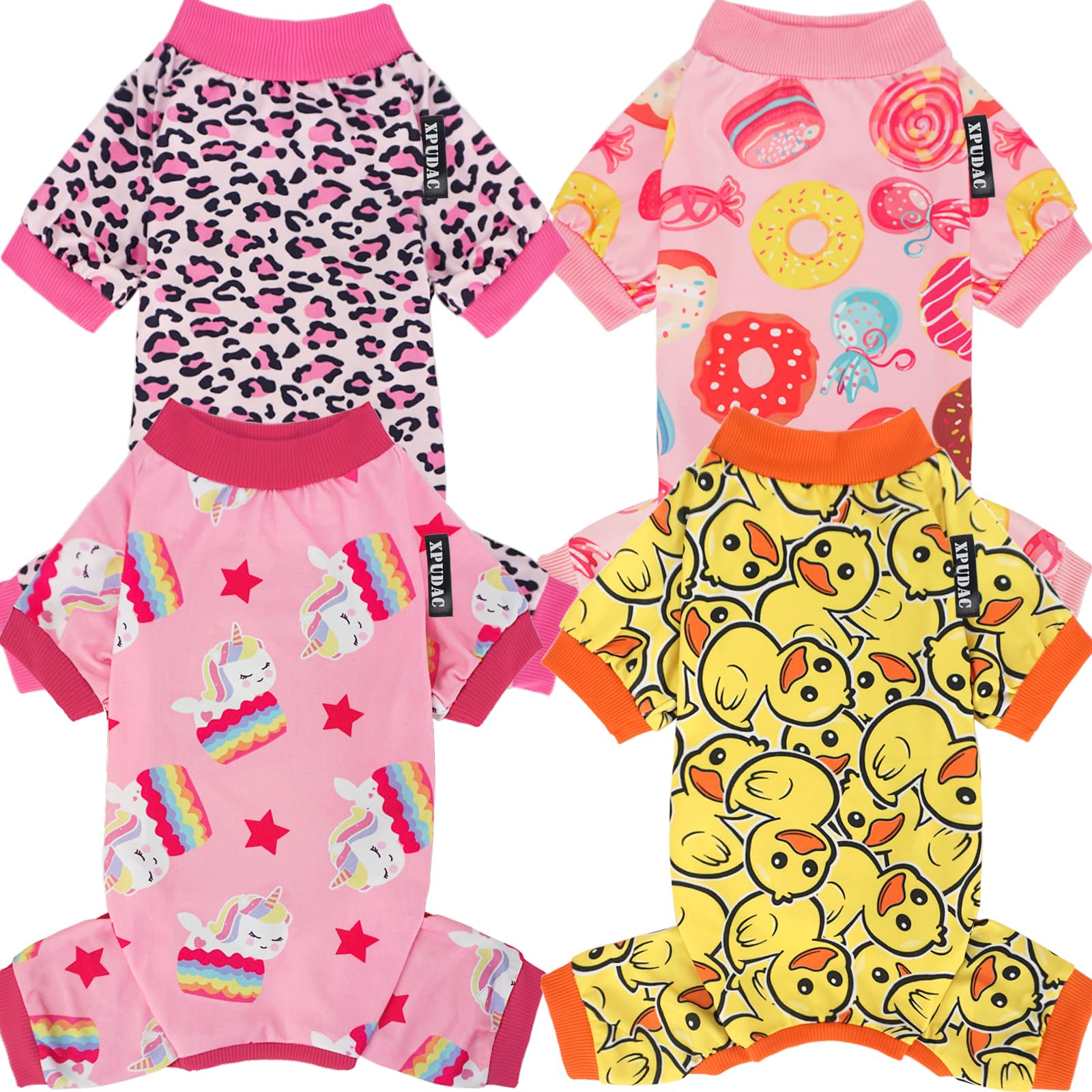 Xpudac 4 Pack Dog Pajamas Soft Strechy Duck Pink Print Puppy Clothes For Small Medium Dogs Girl Boy Cat Apparel-X-Small