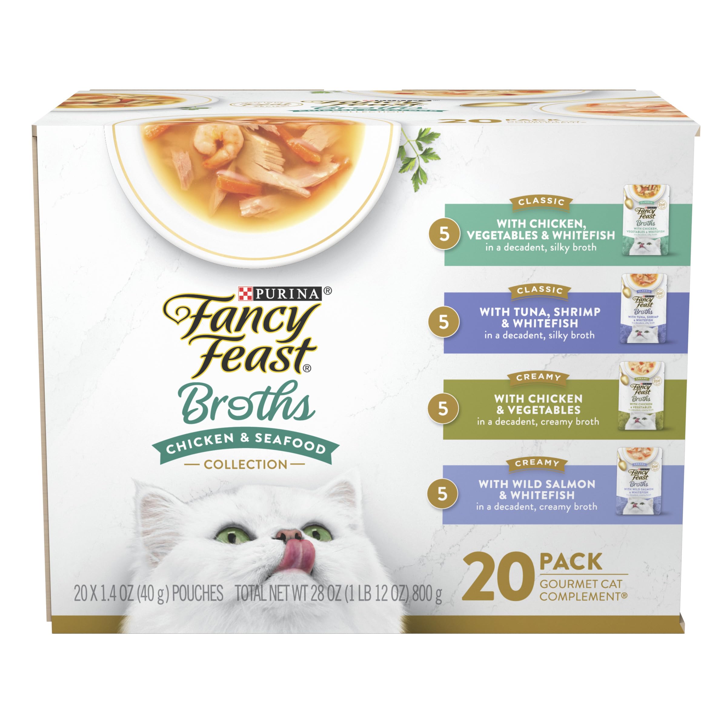 Purina Fancy Feast Broth Complement Chicken and Seafood Lickable Grain Free Wet Cat Food Variety Pack - (Pack of 20) 1.4 oz. Pou