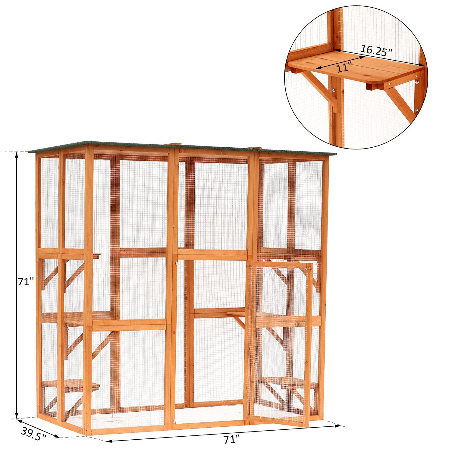 Pawhut Outdoor Cat House Big Catio Wooden Feral Cat Shelter Enclosure With Large Spacious Interior, 6 High Ledges, Weather Protection Asphalt Roof, 71' L, Orange