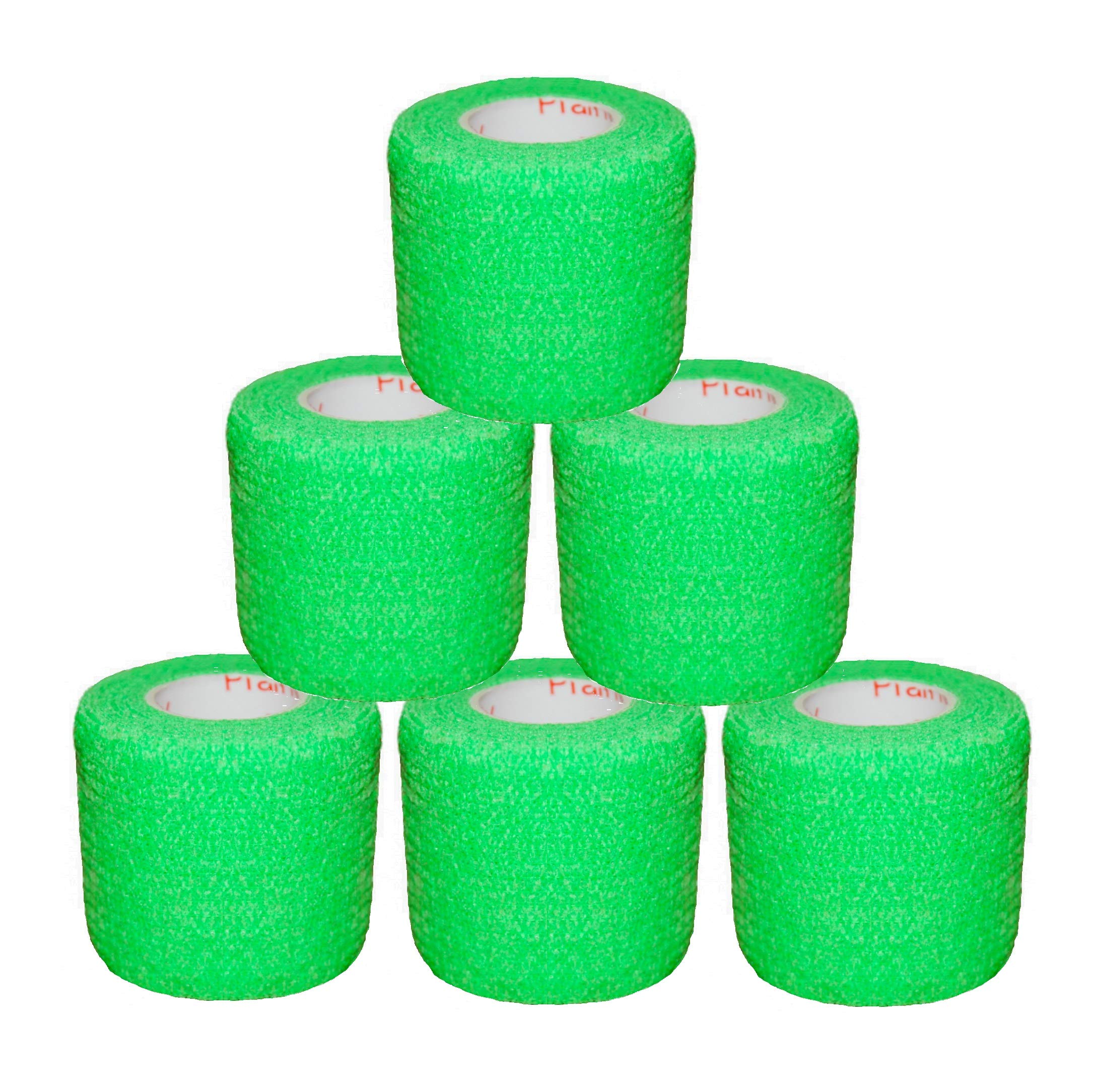 2 Inch Vet Wrap Tape Bulk (Neon Green) (Pack of 6) Self Adhesive Adherent Adhering Flex Bandage Grip Roll for Dog Cat Pet Horse