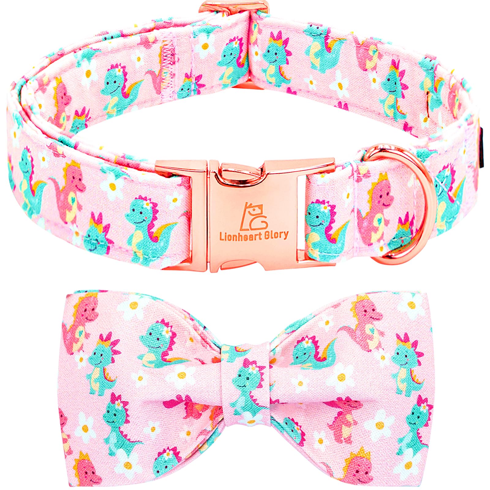 Lionheart Glory Dog Bow Collar Dinosaurs Pattern Cute Collars For X-Small Dogs,Soft Duty Adjustable Dog Collar With Bowtie Sprin