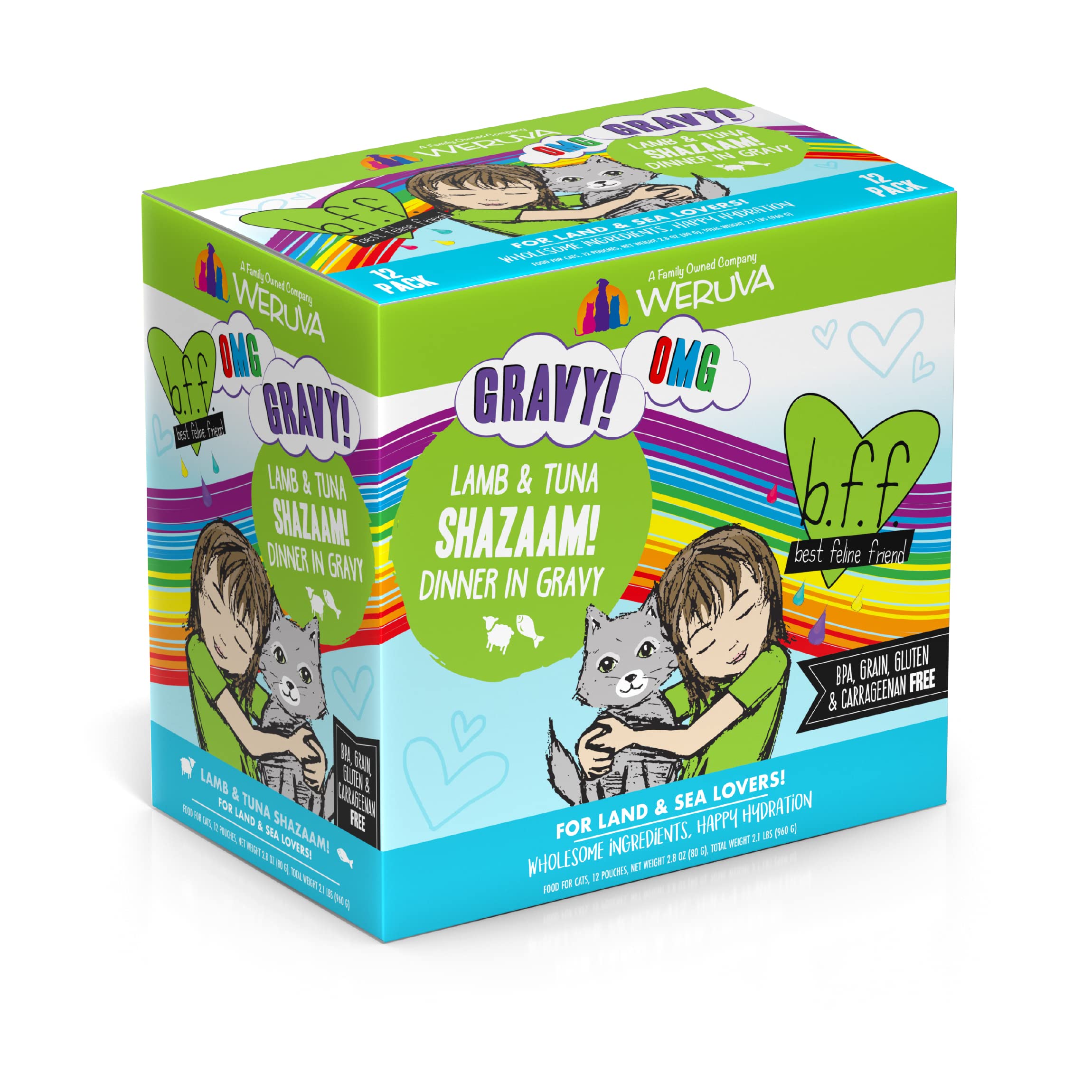 Weruva B.F.F. OMG - Best Feline Friend Oh My Gravy!, Shazaam! with Lamb & Tuna in Gravy Cat Food, 2.8oz Pouch (Pack of 12)