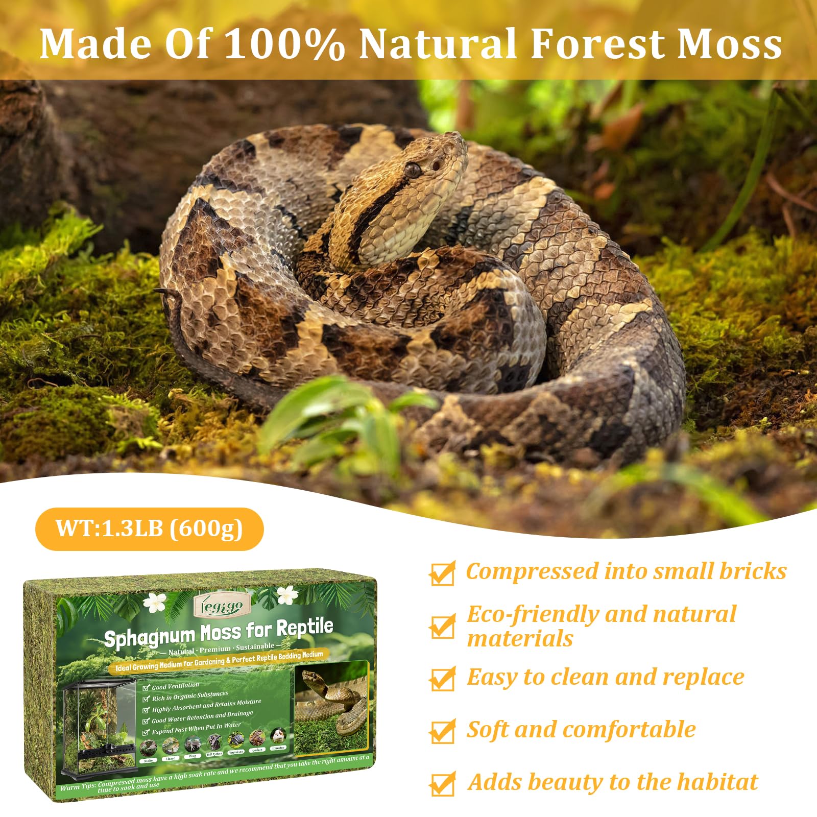 Legigo 1.3Lb Sphagnum Moss For Reptile- 24 Qt Natural Reptile Moss Terrarium Moss Substrate, Snake Tank Moss Peat Moss Reptile B