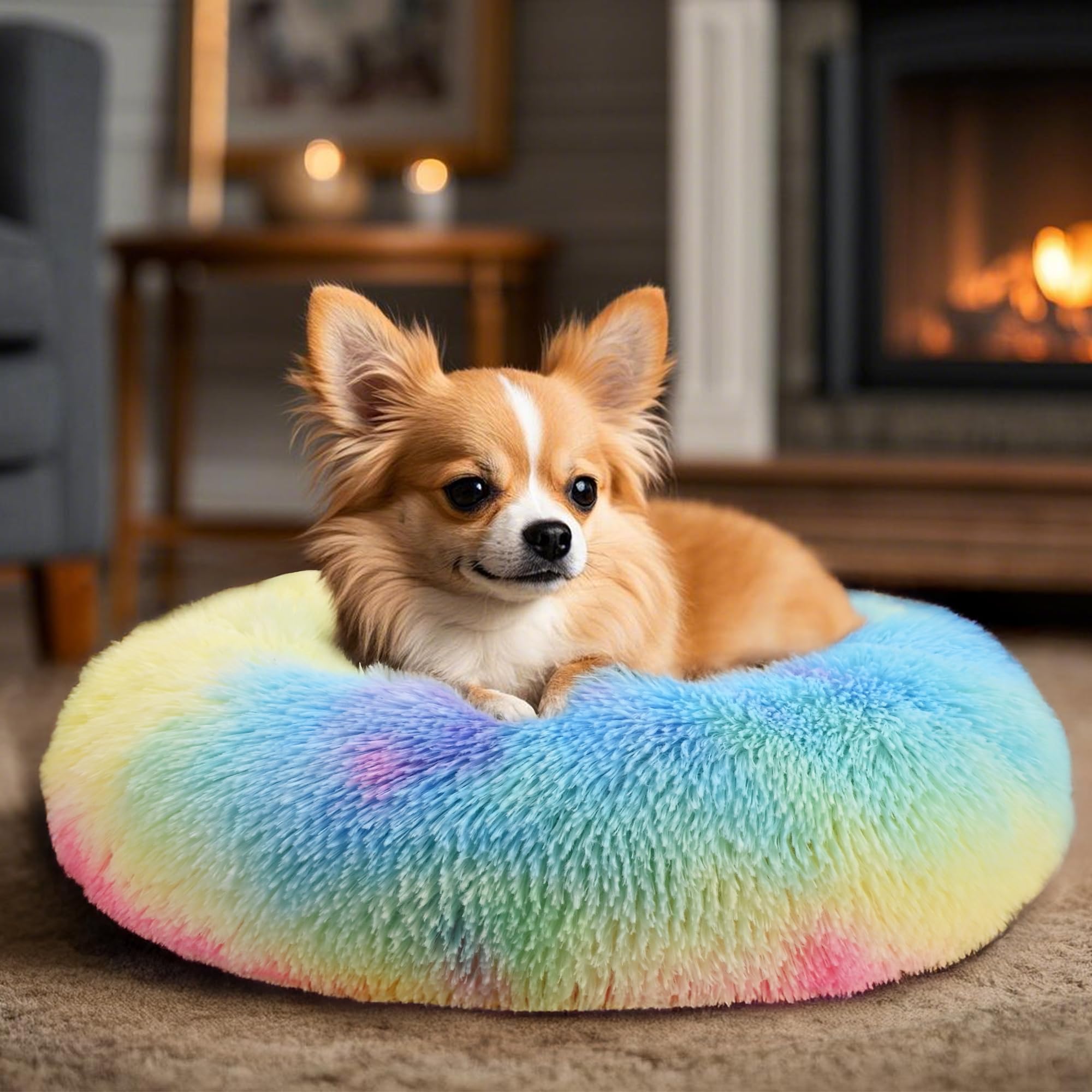 Dogs Bed for Small Dogs, Anti-Anxiety Washable Round Bed (Rainbow, 24.0 L x 24.0 W x 8.0 Th)