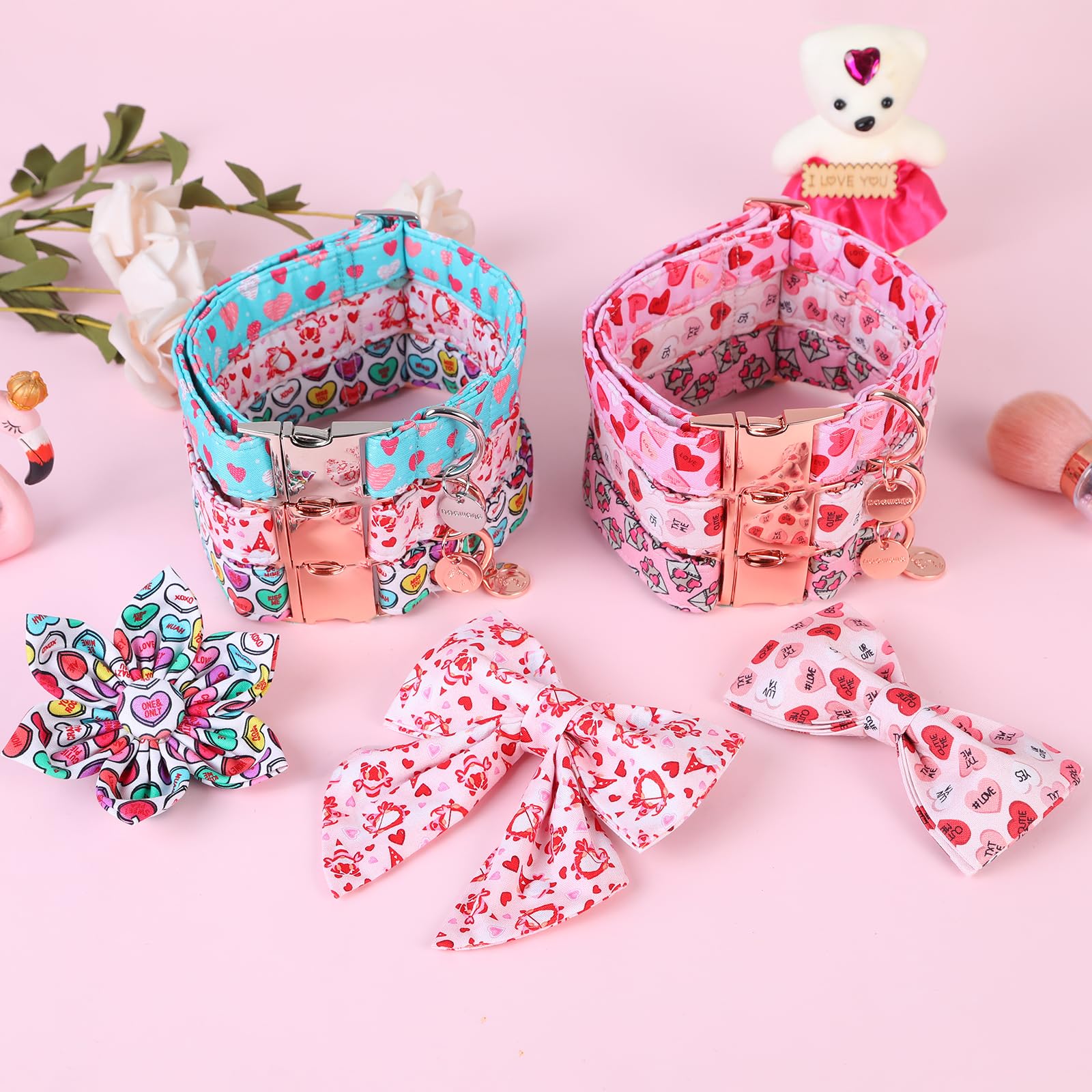 Dogwong Valentine'S Day Dog Collar With Saolor Bowtie, Adjustable Durable Pink Heart Collar For Small Medium Dogs