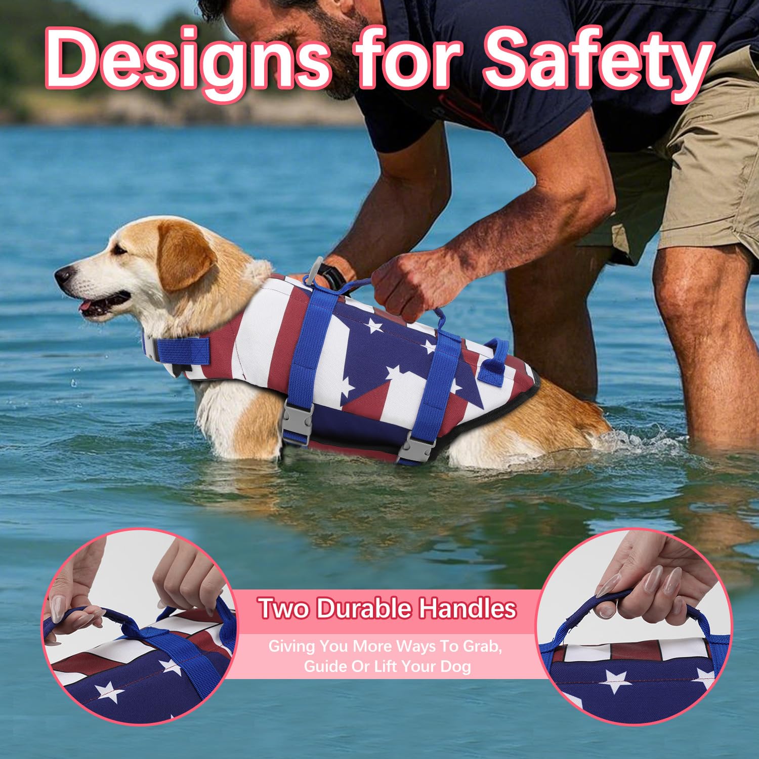 Emust Dog Life Vests, Adjustable Dog Life Jacket With Rescue Handle, Dogs Flotation Vest For Small/Medium/Large Dogs, Xs, Flagst