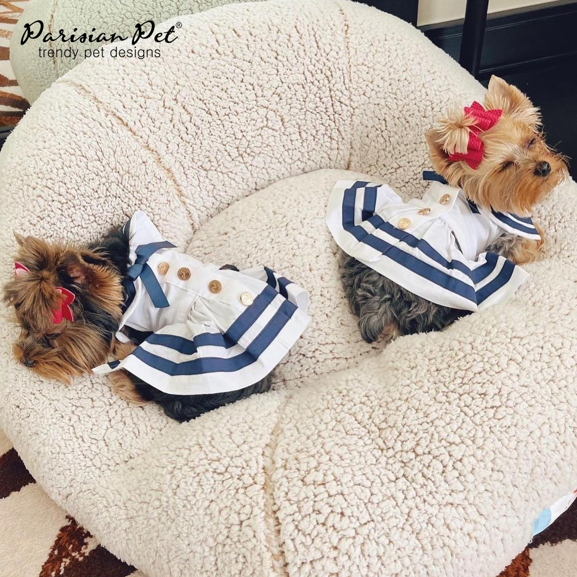 Parisian Pet Dog Dress - Lightweight Cotton Sailor Outfit - Breathable 3XL White and Blue Dress for Girls