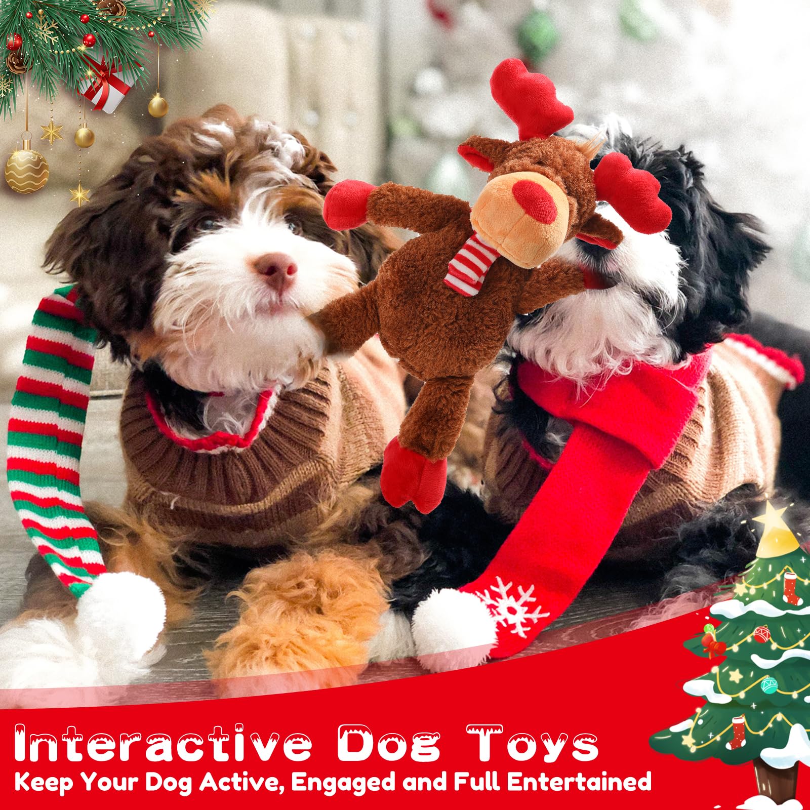 Christmas Squeaky Toys With Crinkle Paper, Plush Reindeer Interactive Stuffed Chew Toys, Gifts For Puppy, Small, Medium, Large D