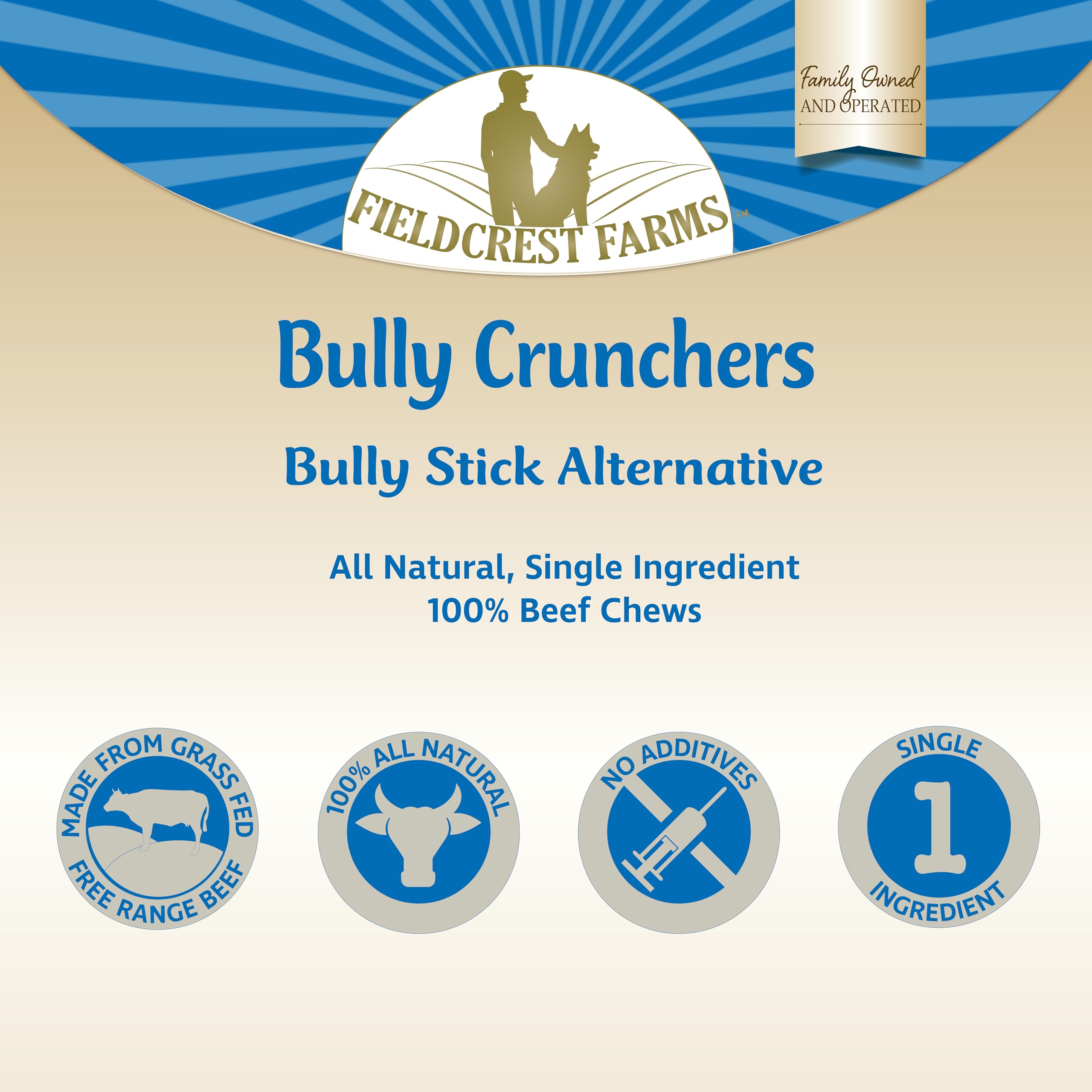 Fieldcrest Farms 6in Bully Crunchers - All-Natural 100% Beef Bully Stick Alternative, Highly Palatable, Easily Digestible, No Ad